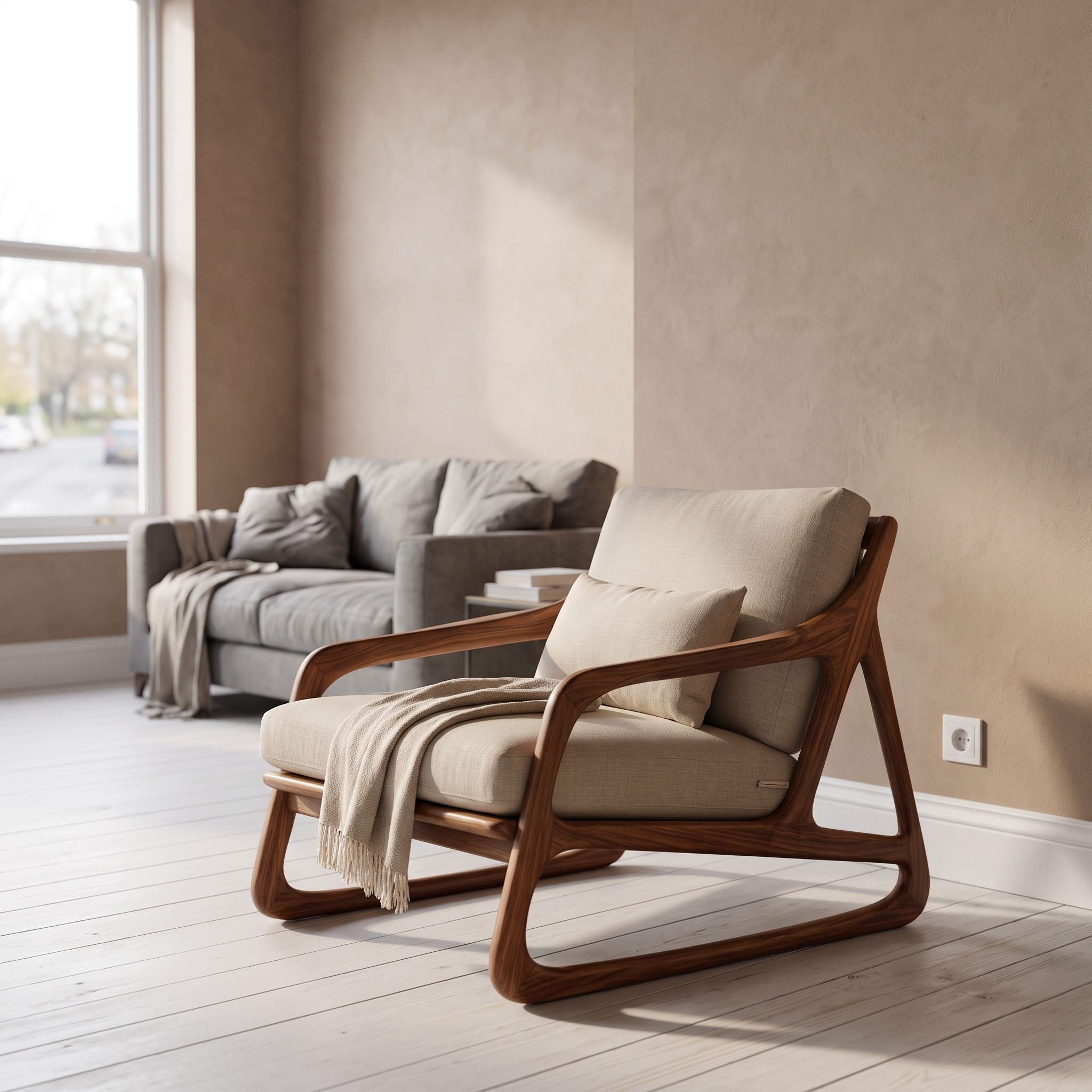 Artistic Solid Wood Accent Chair with Curved Sculptural Frame, Handcrafted Armchair for Balcony & Living Room