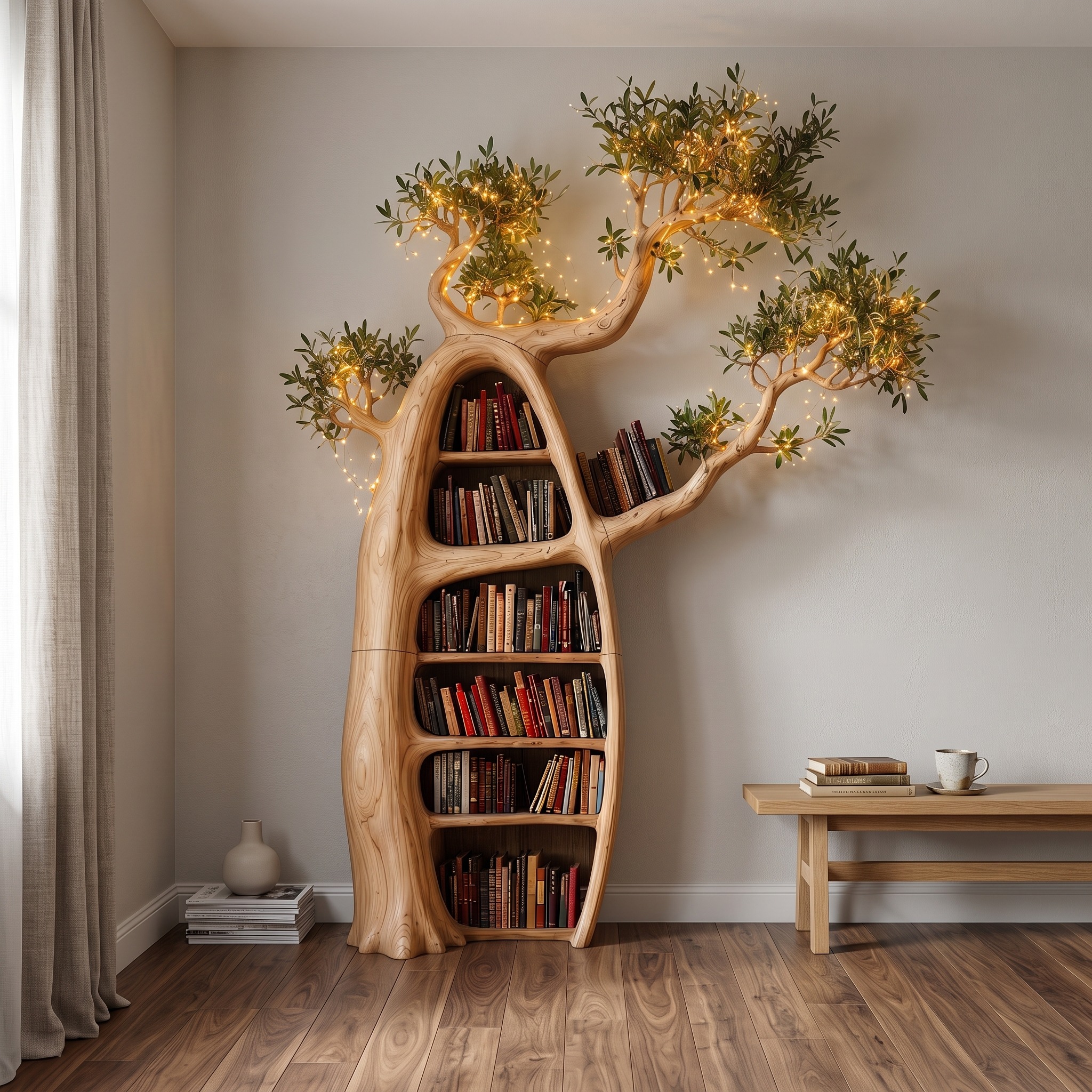 Artistic Tree Bookshelf with Illuminated Branch Crown, Handcrafted Wall Tree Shelf
