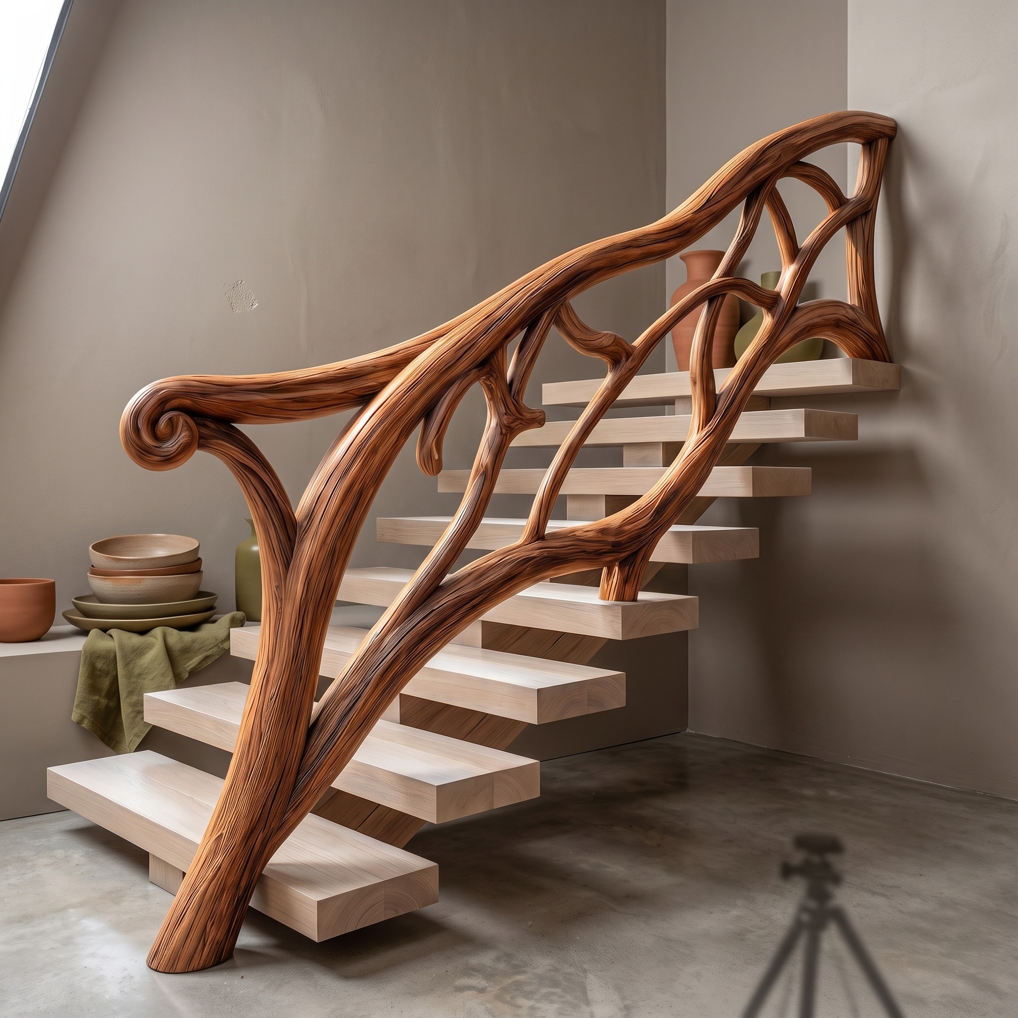 Artistic Tree Branch Stair Railing, Custom Handcrafted Sculptural Wood Handrail for Interior Staircase Remodeling