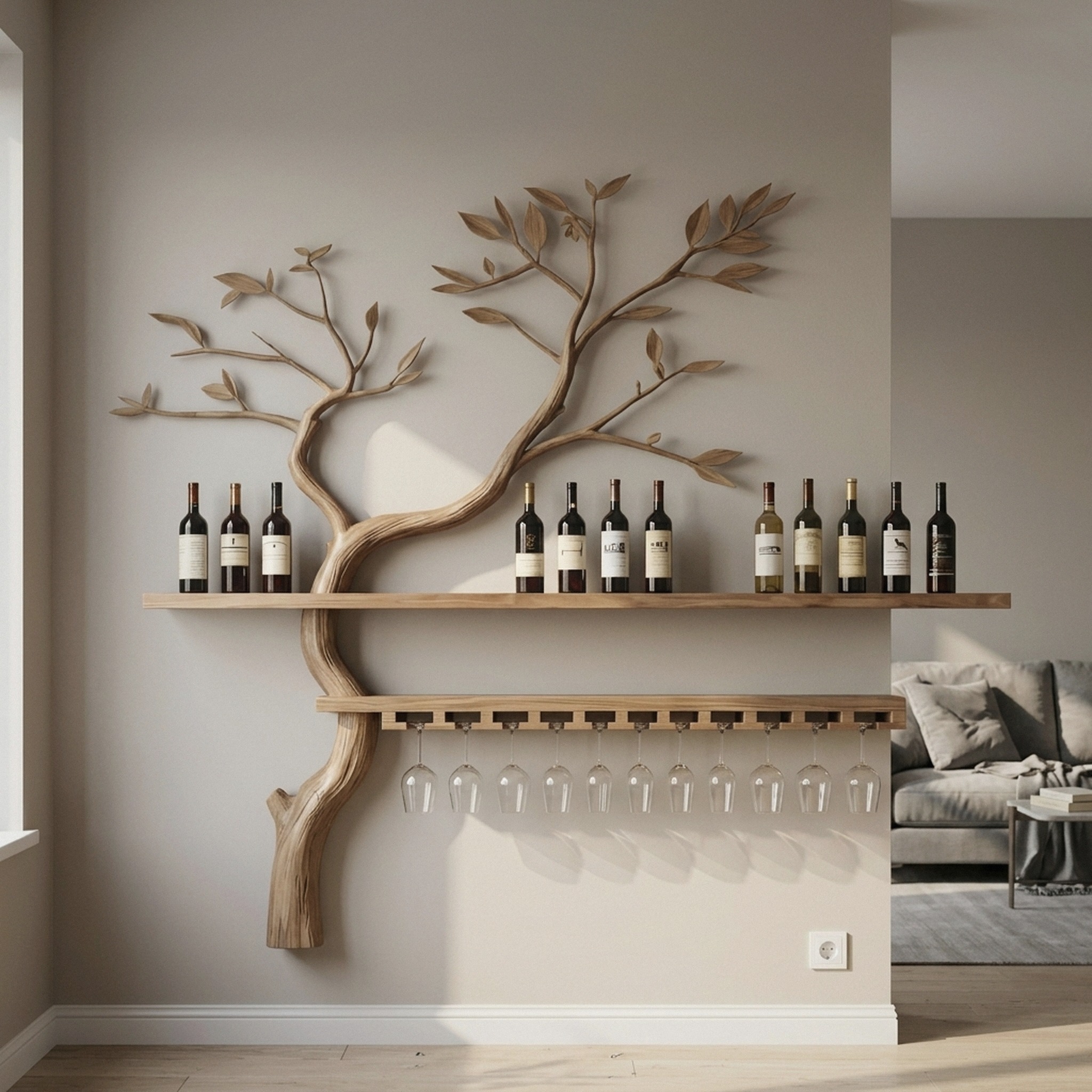 Artistic Tree Shaped Wooden Wall Wine Rack Bar Bottle Display Shelf Restaurant Bar Decor