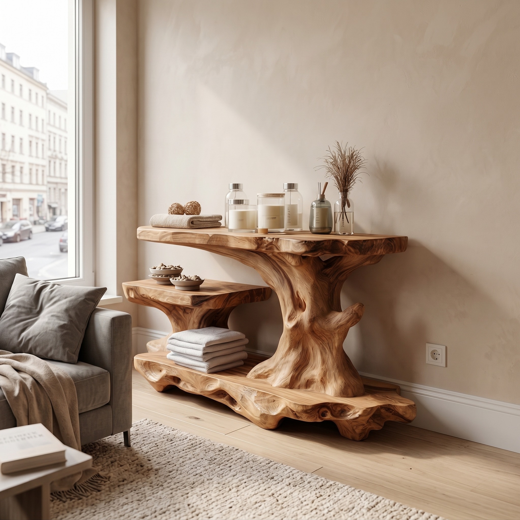 Artistic Tree Shelf with Multi-Level Wood Bathroom Storage, Floating Wall Organizer