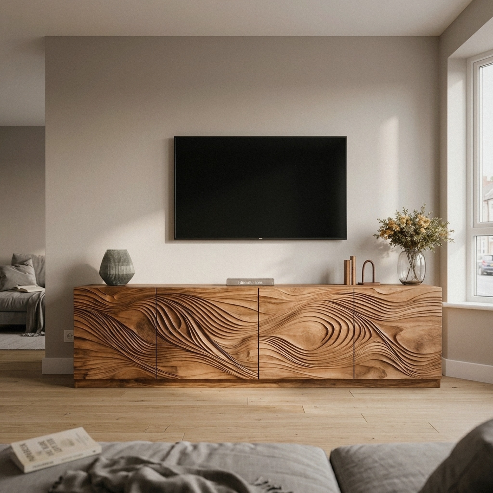 Artistic TV Console with Wave Pattern for Elegant Living Room