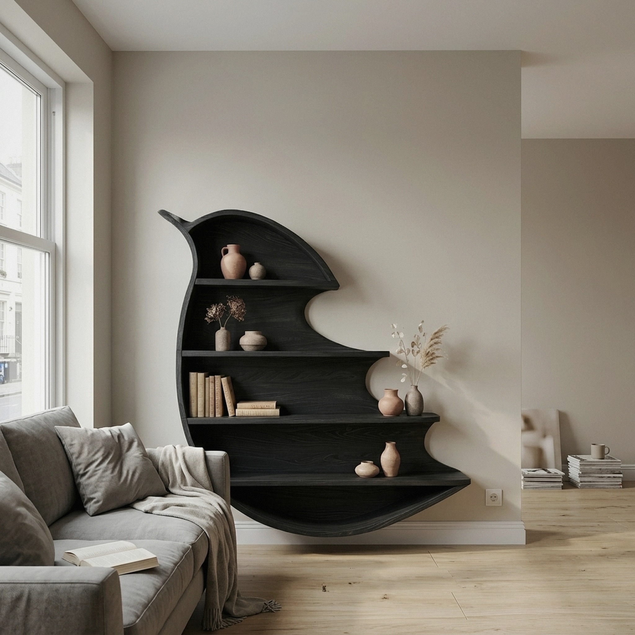 Artistic Wave Bookcase with Wall Mounted Display Storage for Entryway