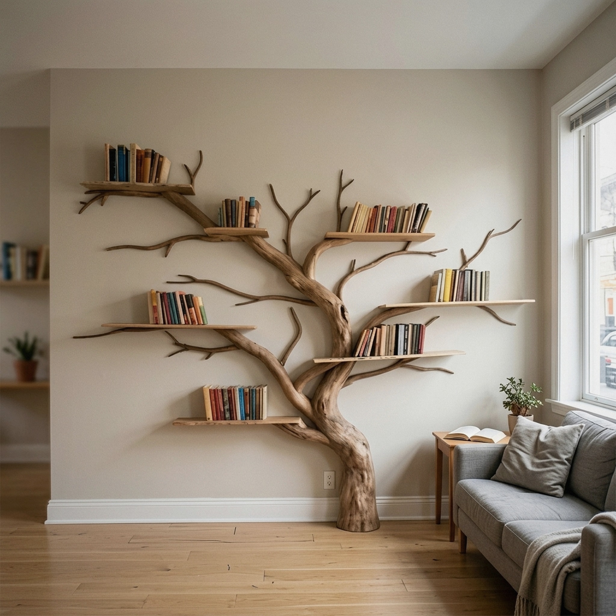 Artistic Wild Mulberry Solid Wood Tree Bookshelf for Living Room