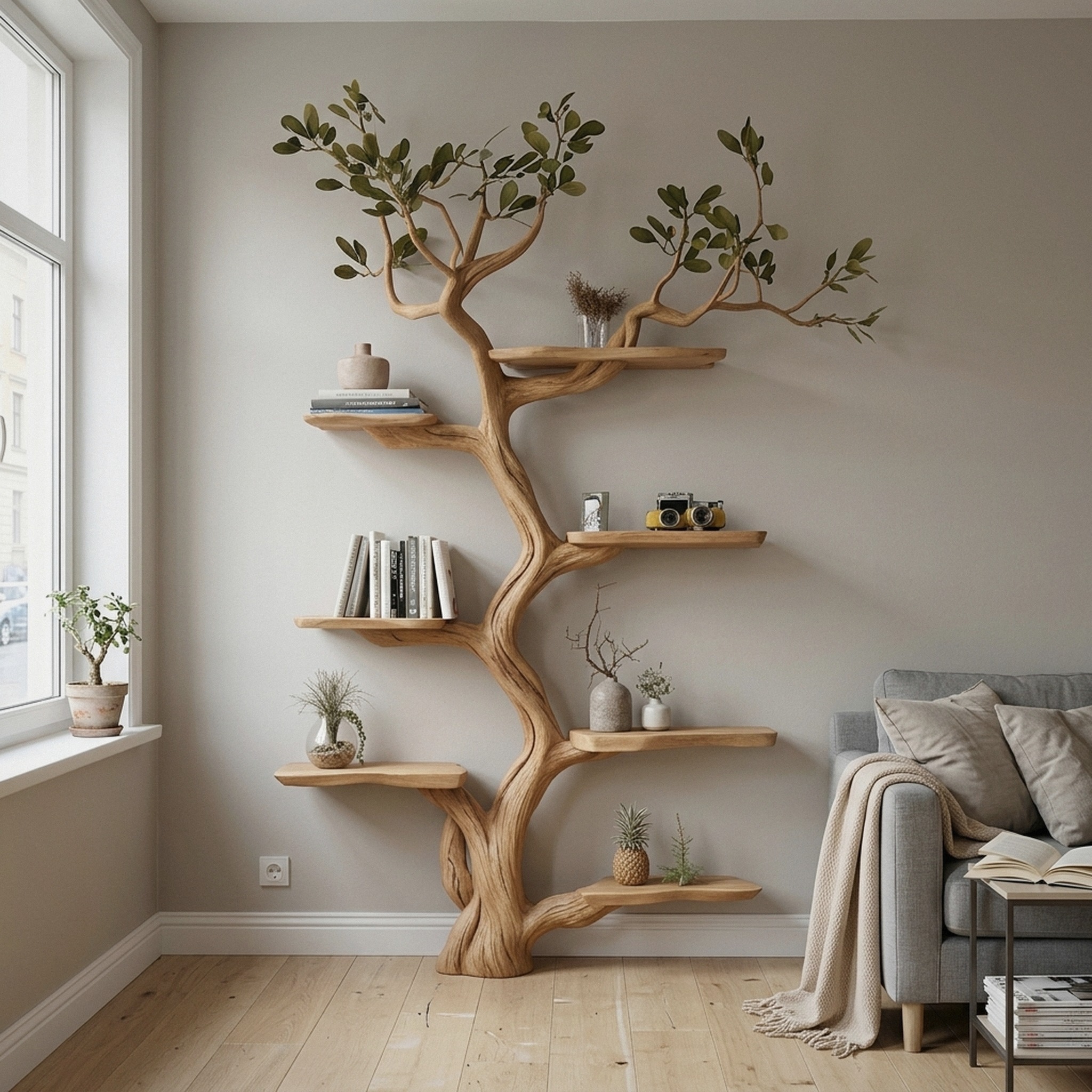 Artistic Wild Mulberry Wood Tree Bookshelf Wall Decor for Bedroom