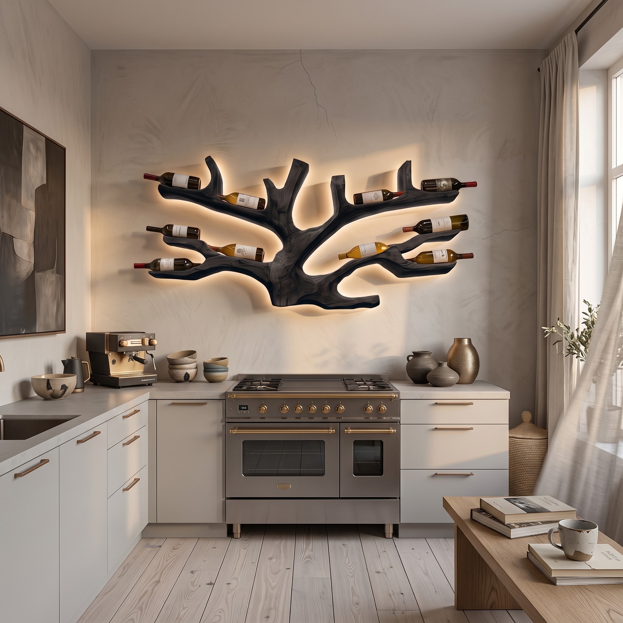 Artistic Wine Holder Wall Rack, Handcrafted Solid Wood Hanging Bottle Display Shelf for Home Bar