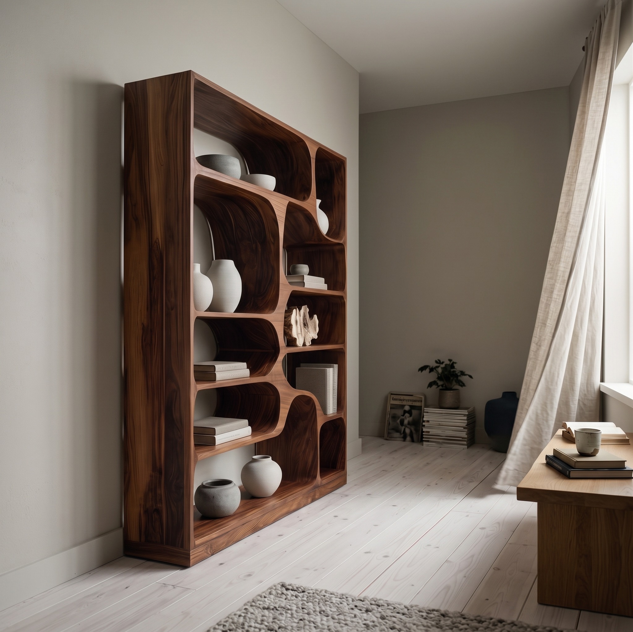 Artistic Wood Bookcase, Handcrafted Sculptural Bookshelf with Open Shelving for Living Room, Bedroom & Office