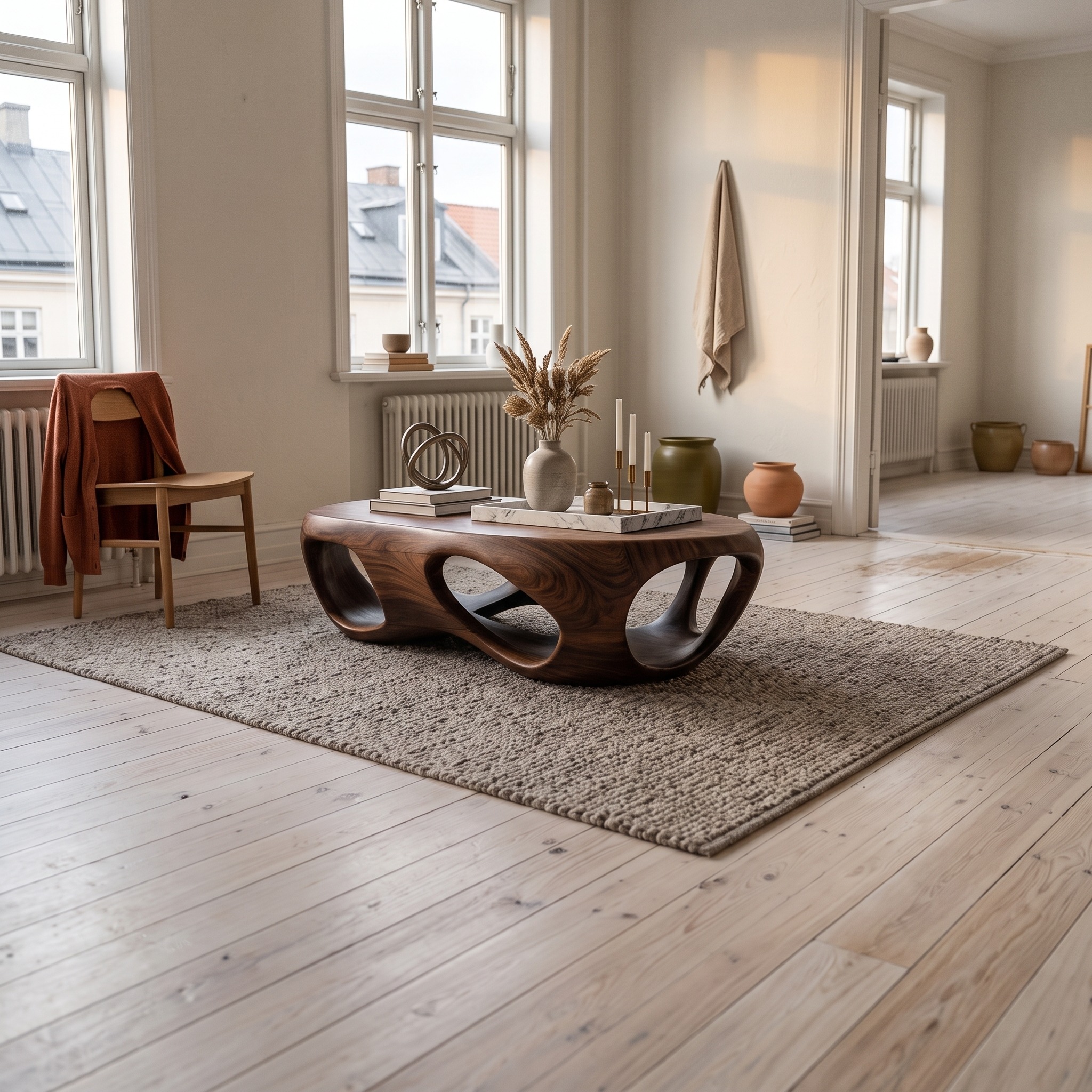 Artistic Wood Coffee Table with Carved Hollow Form, Handcrafted Sculptural Solid Wood Center Table for Lounge Room