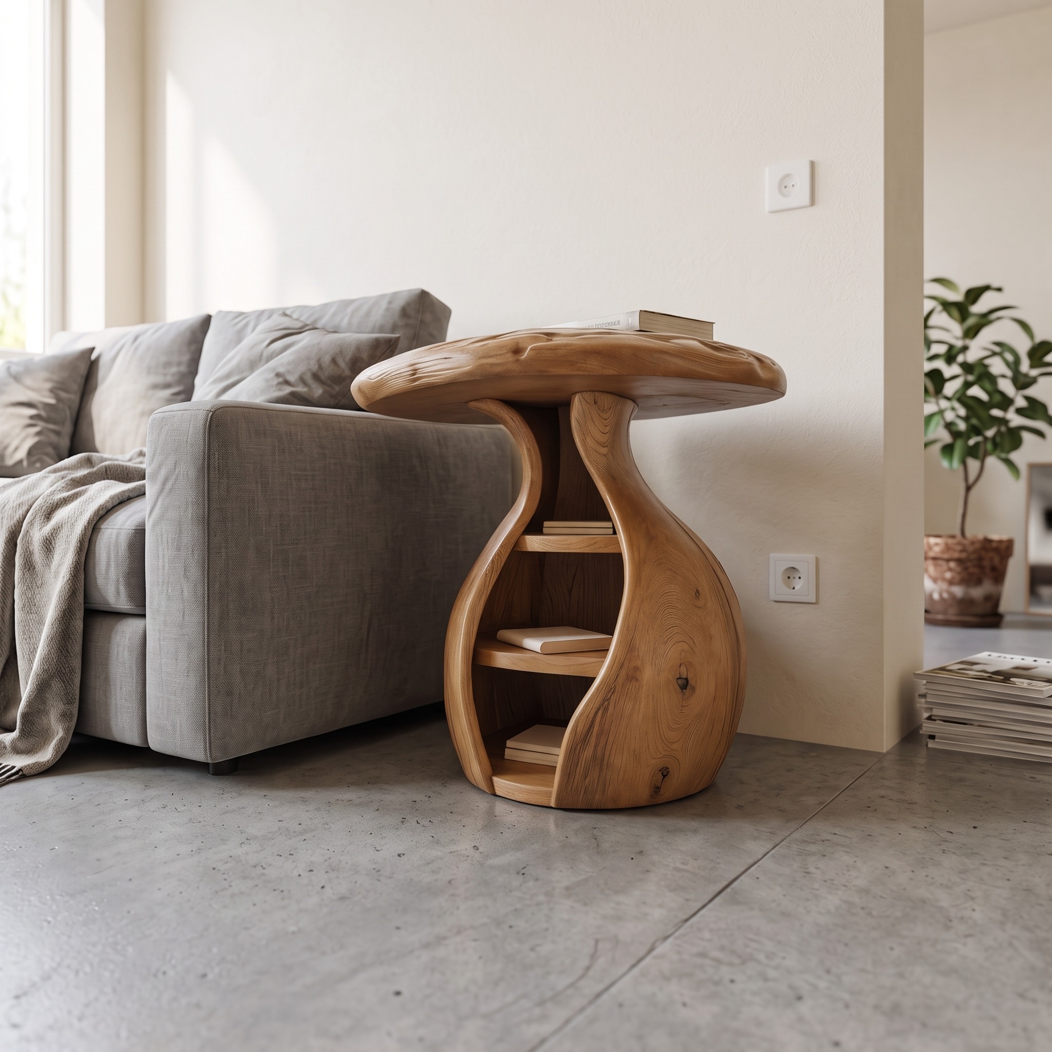 Artistic Wooden Bedside Table, Modern Curved Solid Wood Nightstand with Storage Shelves for Bedroom Decor