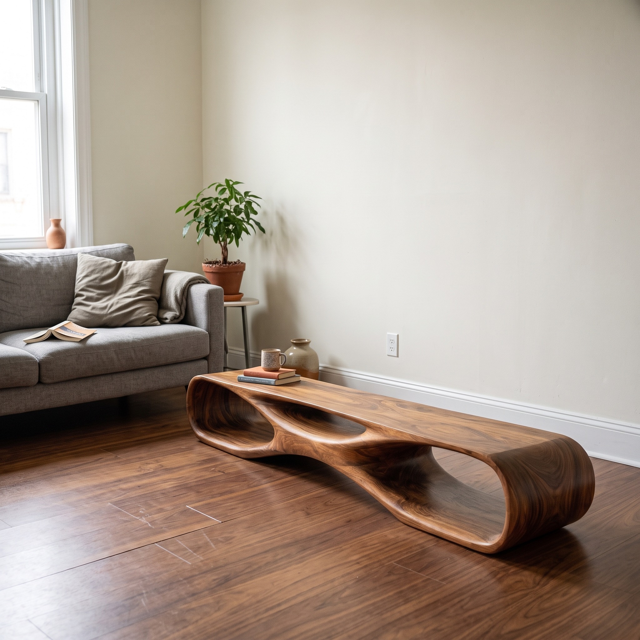 Artistic Wooden Bench, Organic Curved Shape Solid Wood Entryway Bench Seat Accent Furniture for Living Room