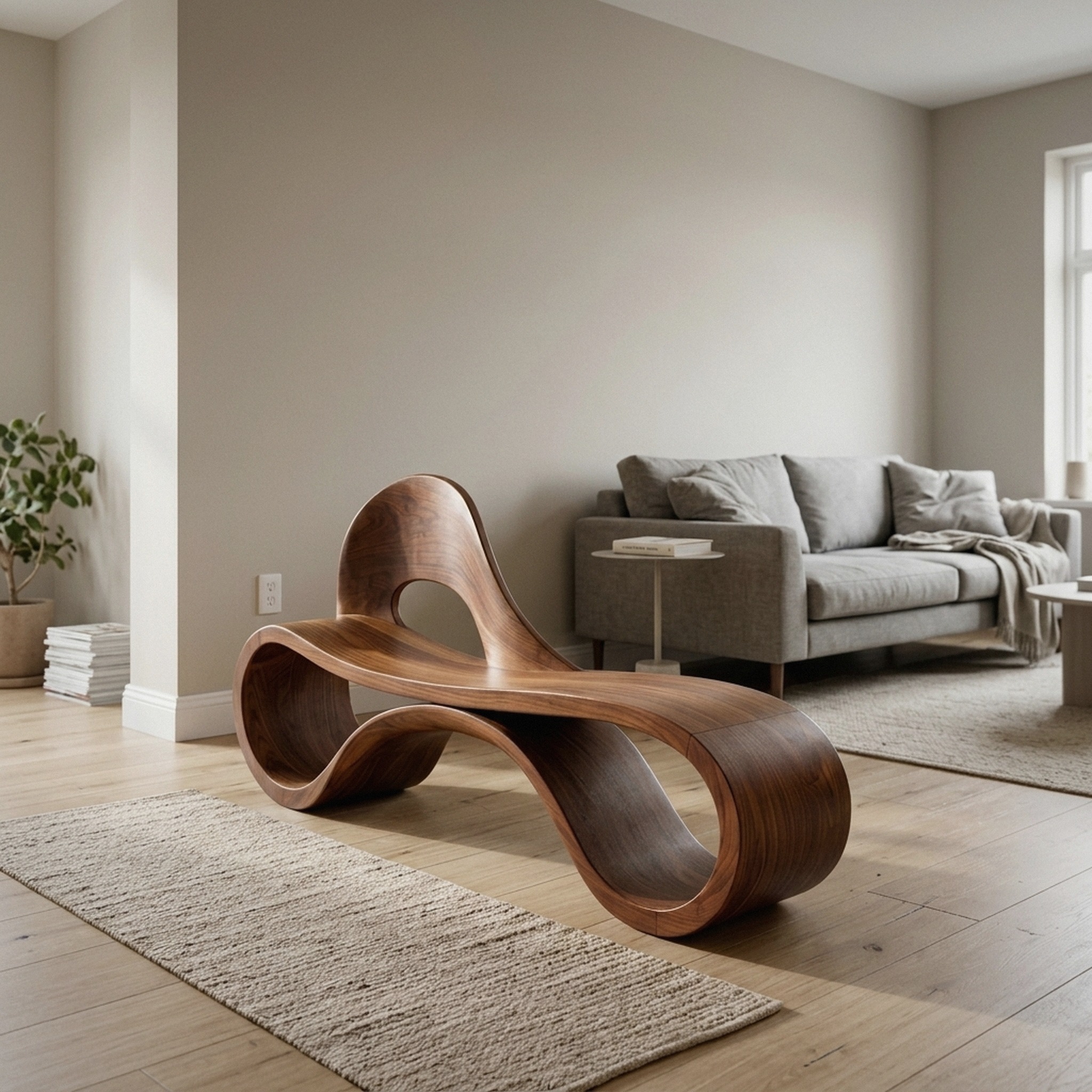 Artistic Wooden Bench with Flowing Sculpture for Luxury Interior
