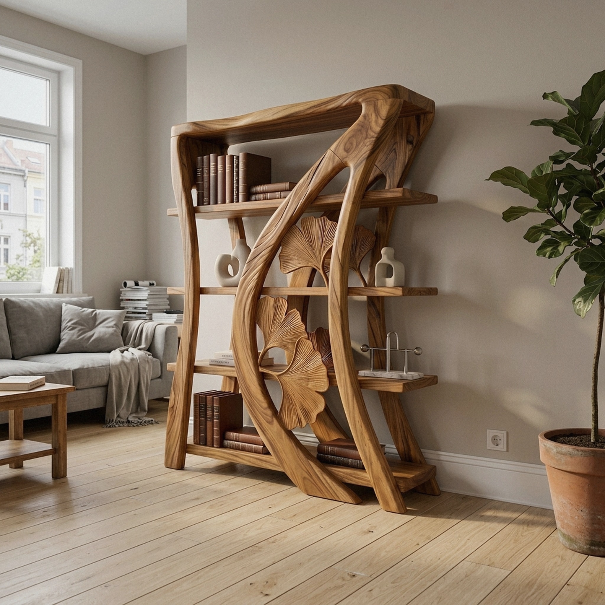 Artistic Wooden Bookcase with Botanical Sculpture Design