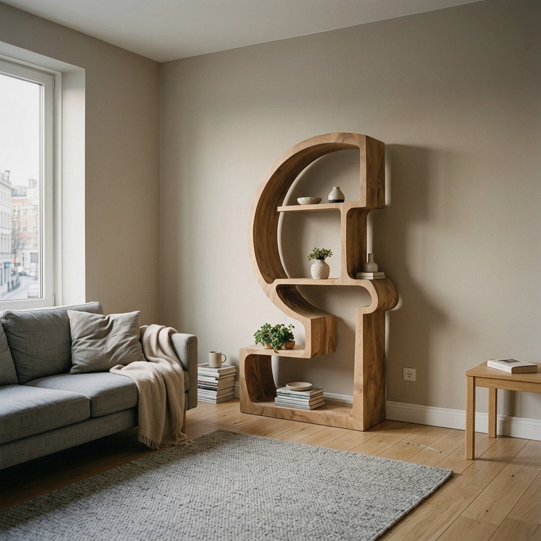 Artistic Wooden Bookshelf with Unique Curved Structure for Home