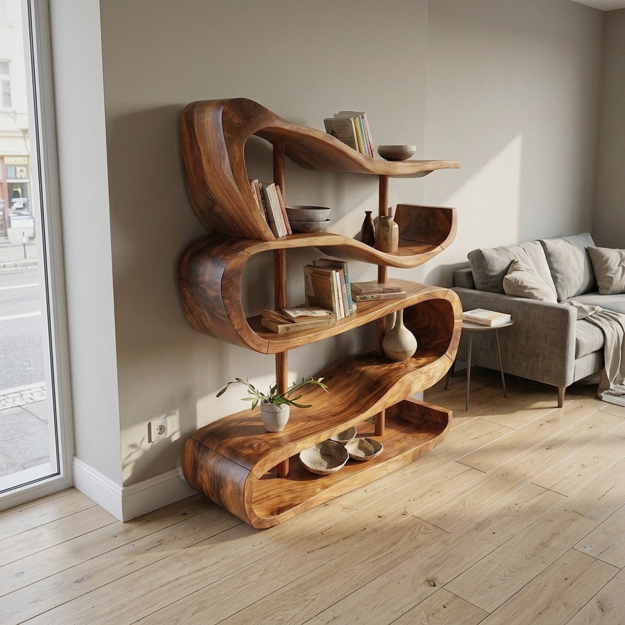 Artistic Wooden Display Shelf in Organic Form