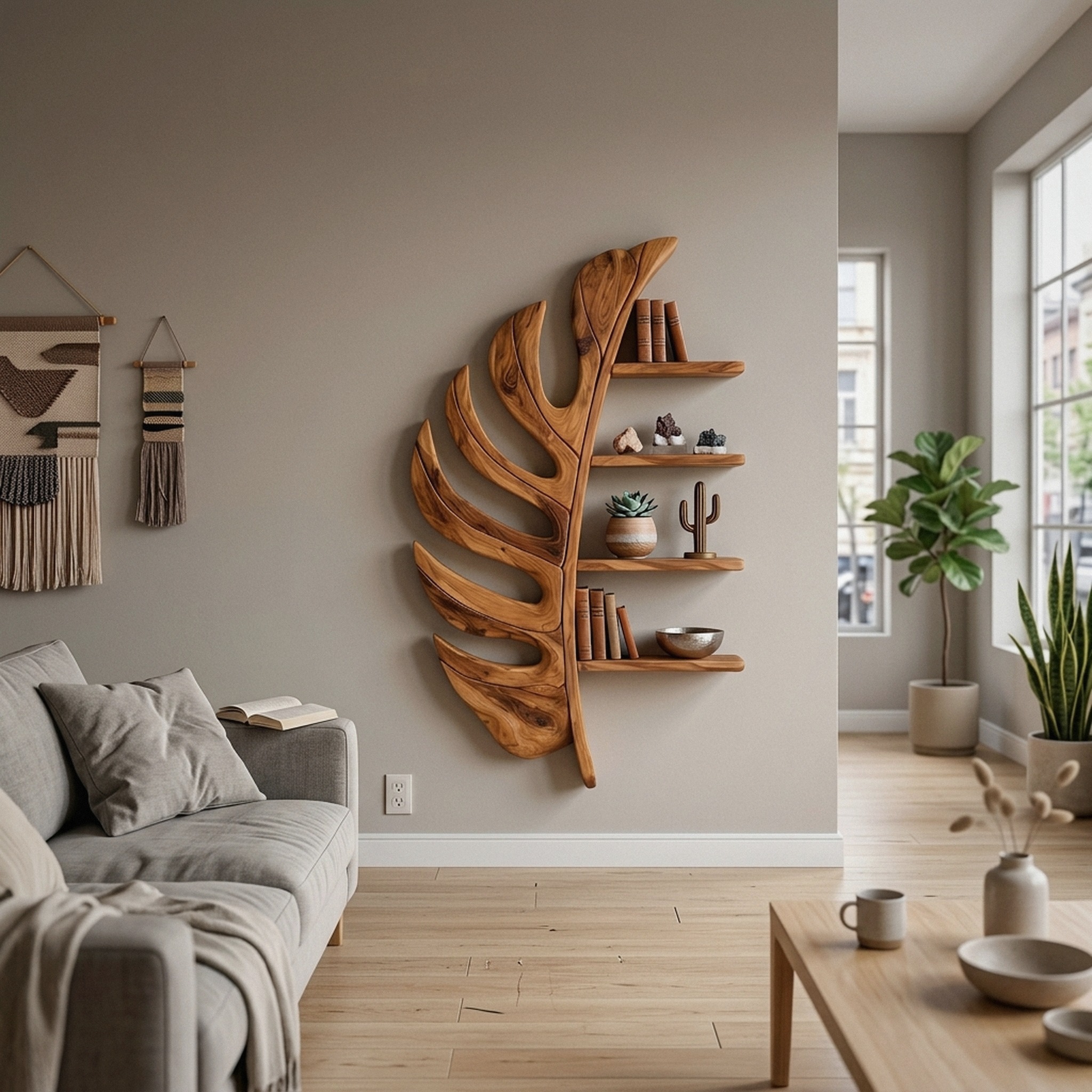 Artistic Wooden Leaf Statement Wall Bookshelf for Elegant Interiors