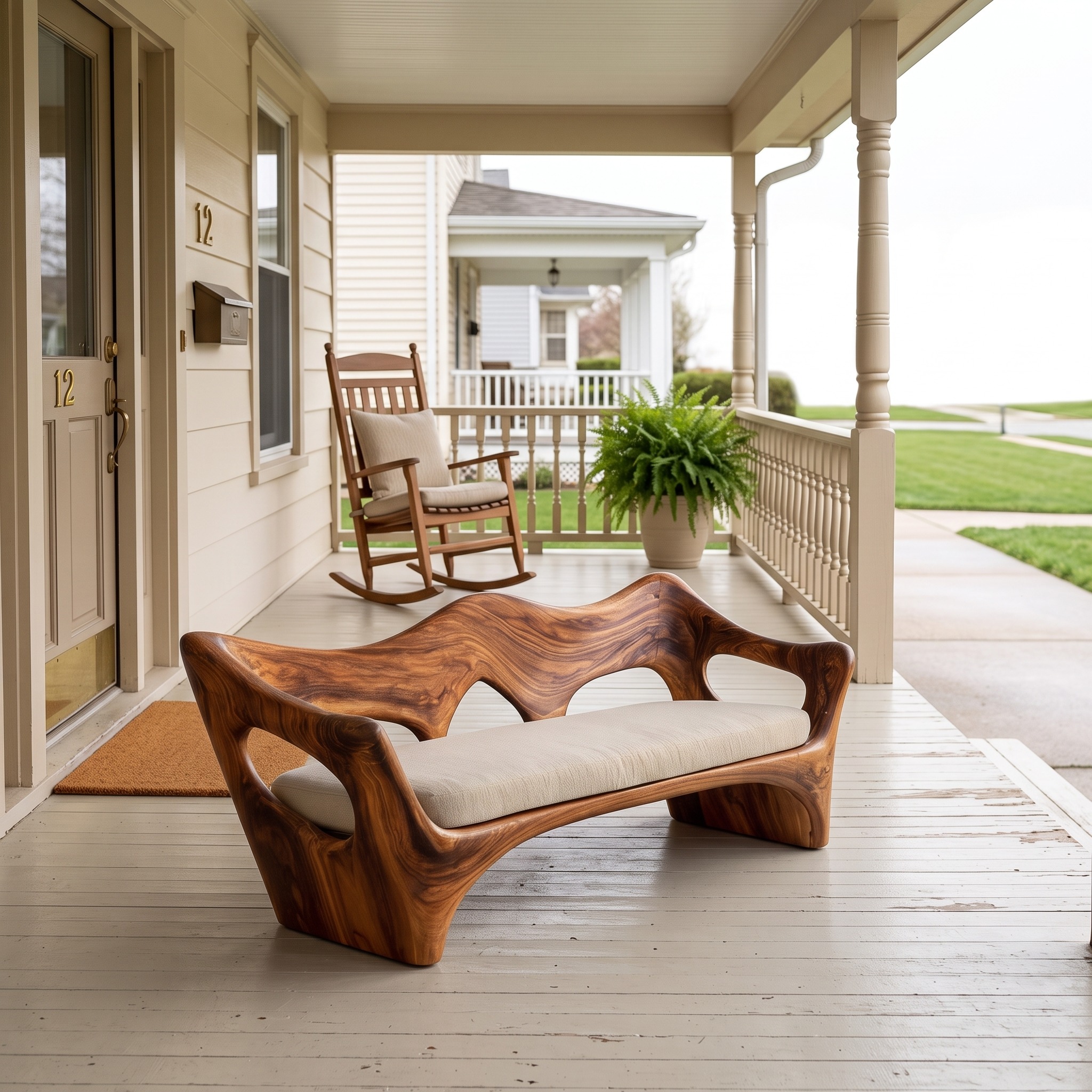 Artistic Wooden Sofa with Curved Backrest, Handcrafted Solid Wood Couch Settee for Living Room & Lounge
