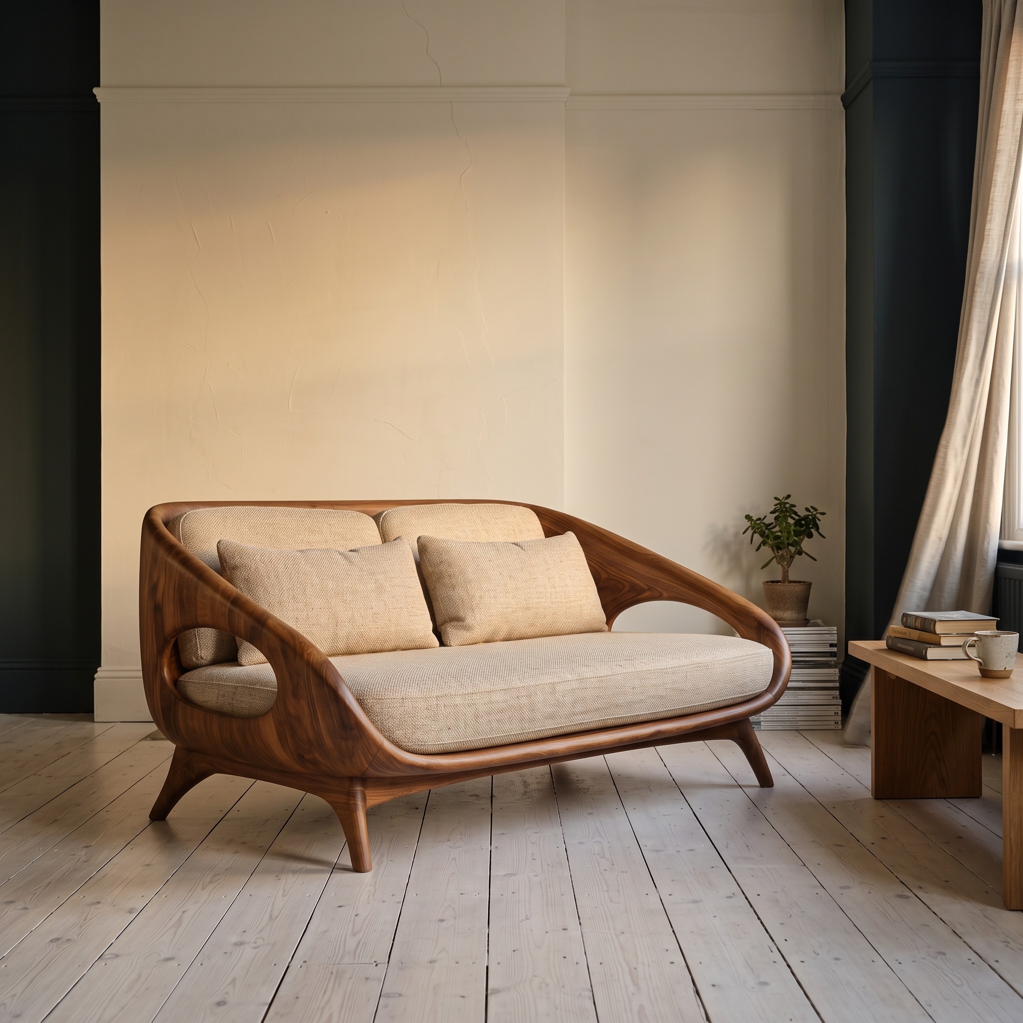 Artistic Wooden Sofa with Soft Organic Lines, Handcrafted Solid Wood Couch for Home Lounge & Living Room, Model