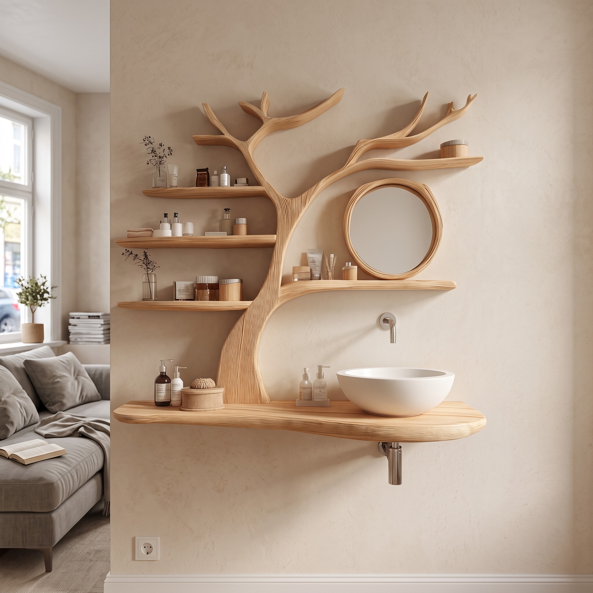 Artistic Wooden Tree Trunk Bathroom Vanity, Handcrafted Live Edge Pedestal Vessel Sink Stand, Model