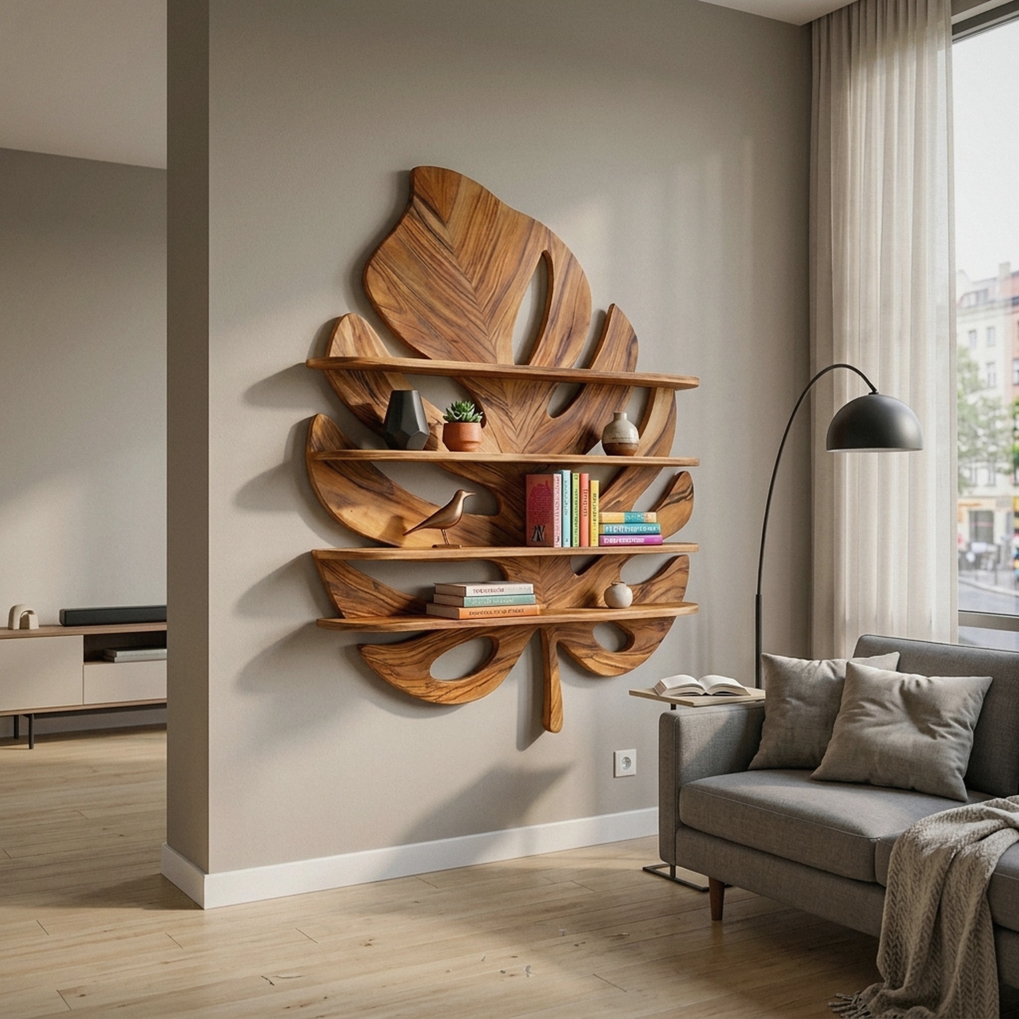 Artistic Wooden Tropical Leaf Wall Mounted Bookshelf for Home Decor