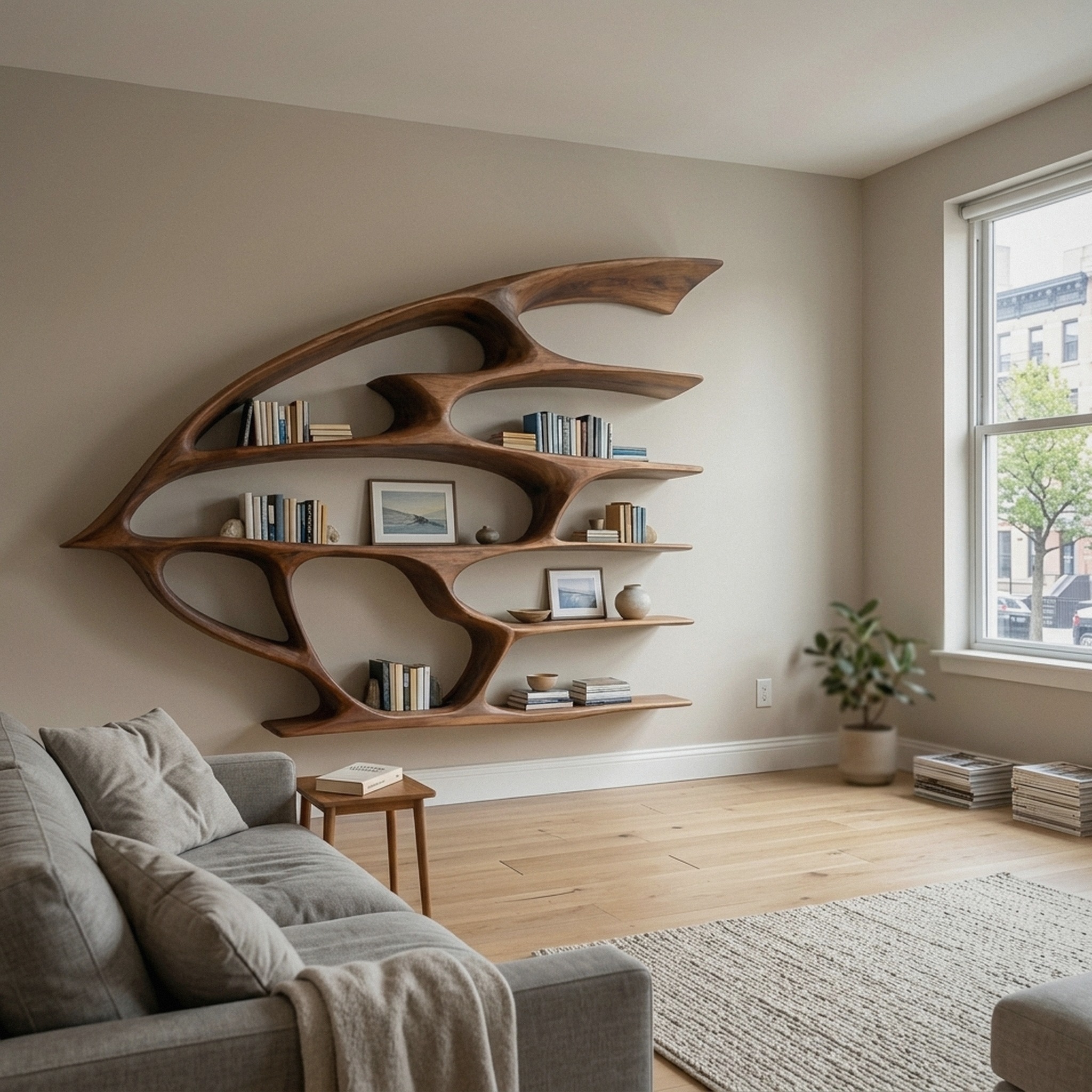 Artistic Wooden Wall Bookshelf for Living Room Decor