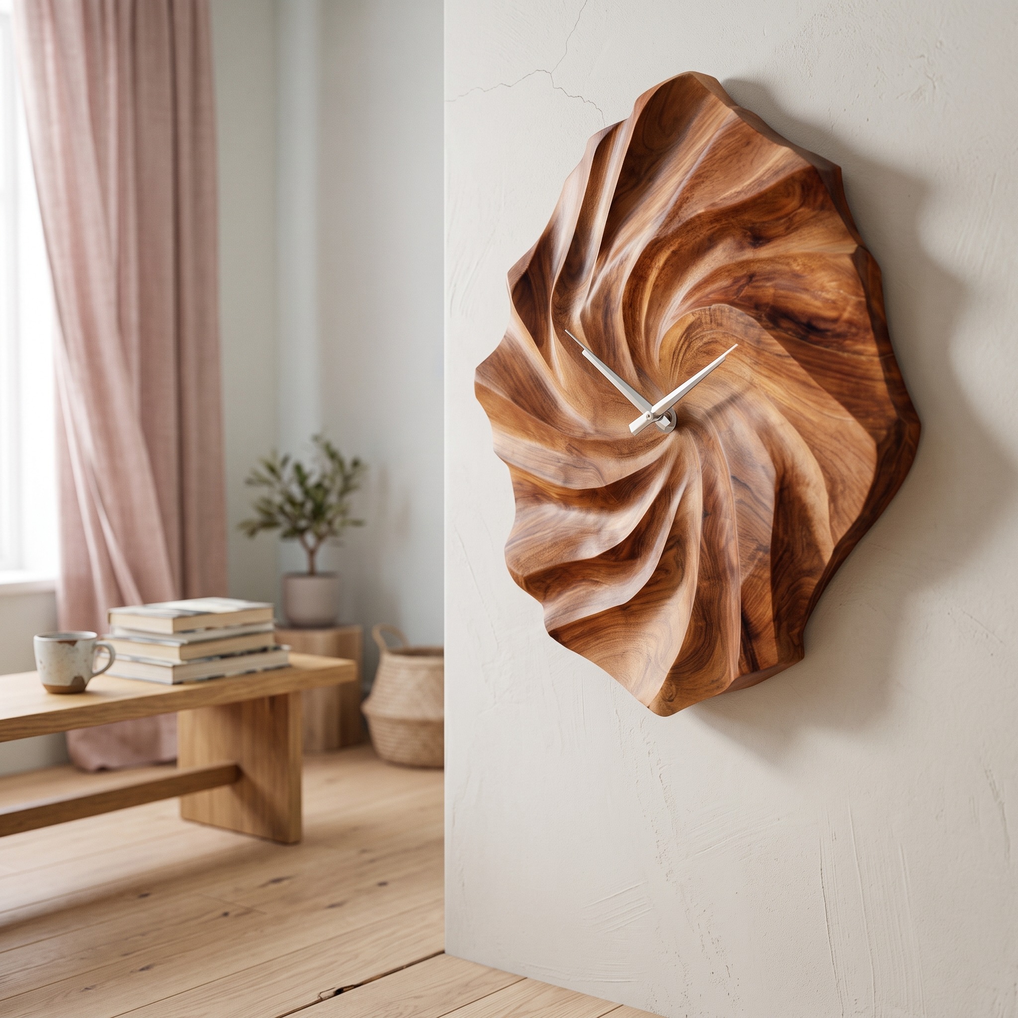 Artistic Wooden Wall Clock, Hand-Carved Ocean Wave 3D Wood Clock for Statement Bedroom & Living Room Decor
