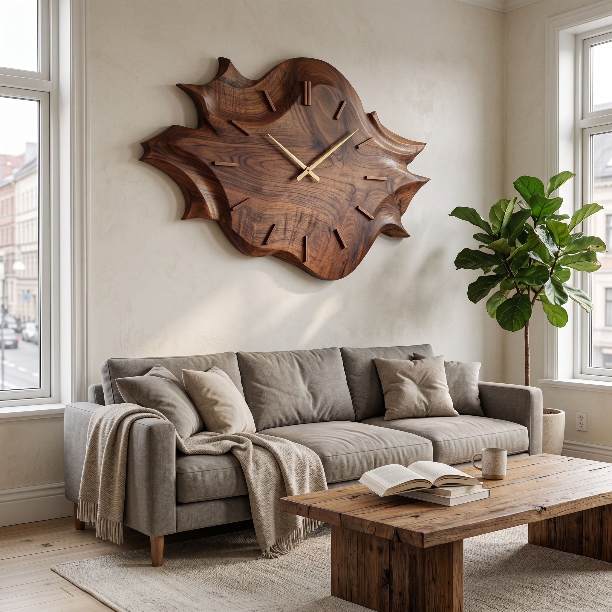 Artistic Wooden Wall Clock, Modern Abstract Carved Wood Clock for Apartment Living Room & Bedroom Wall Decor