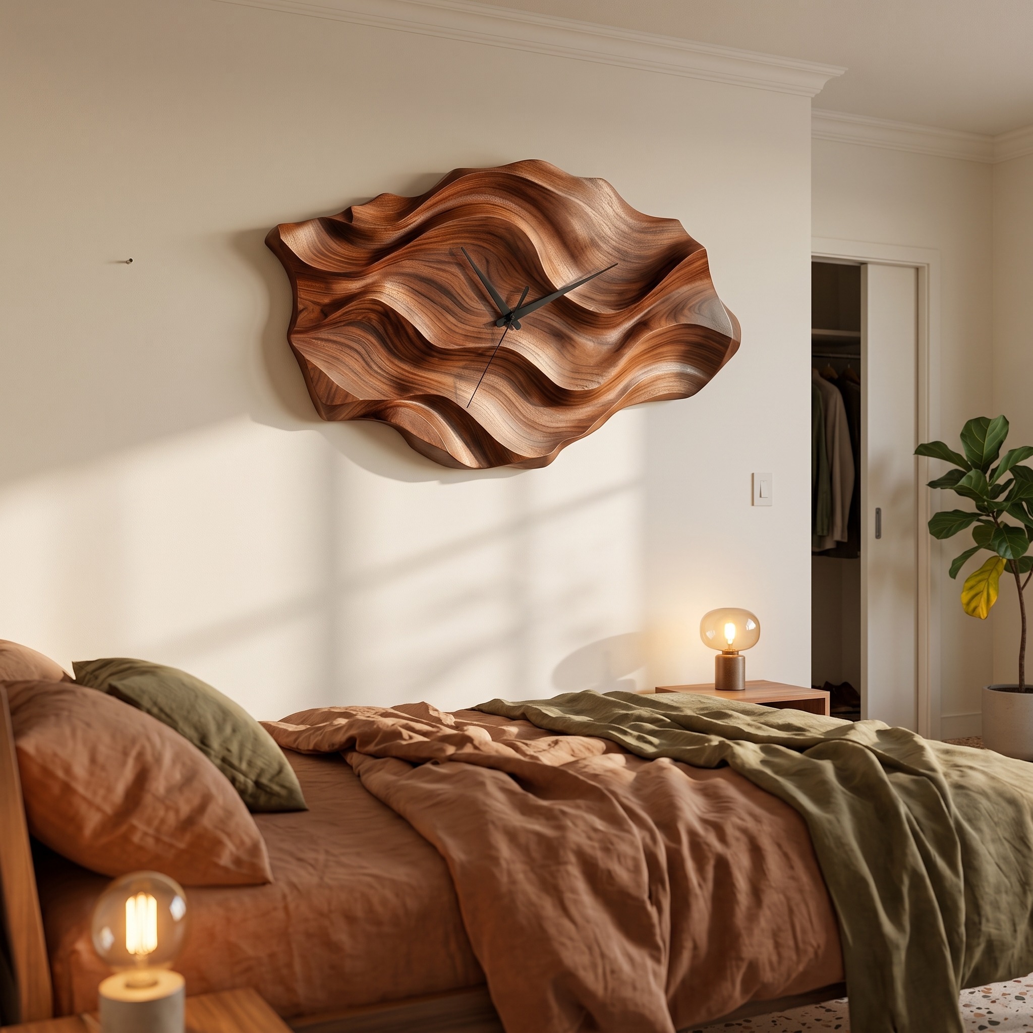 Artistic Wooden Wall Clock, Wavy Design Modern Abstract Wood Clock for Living Room & Luxury Home Decor