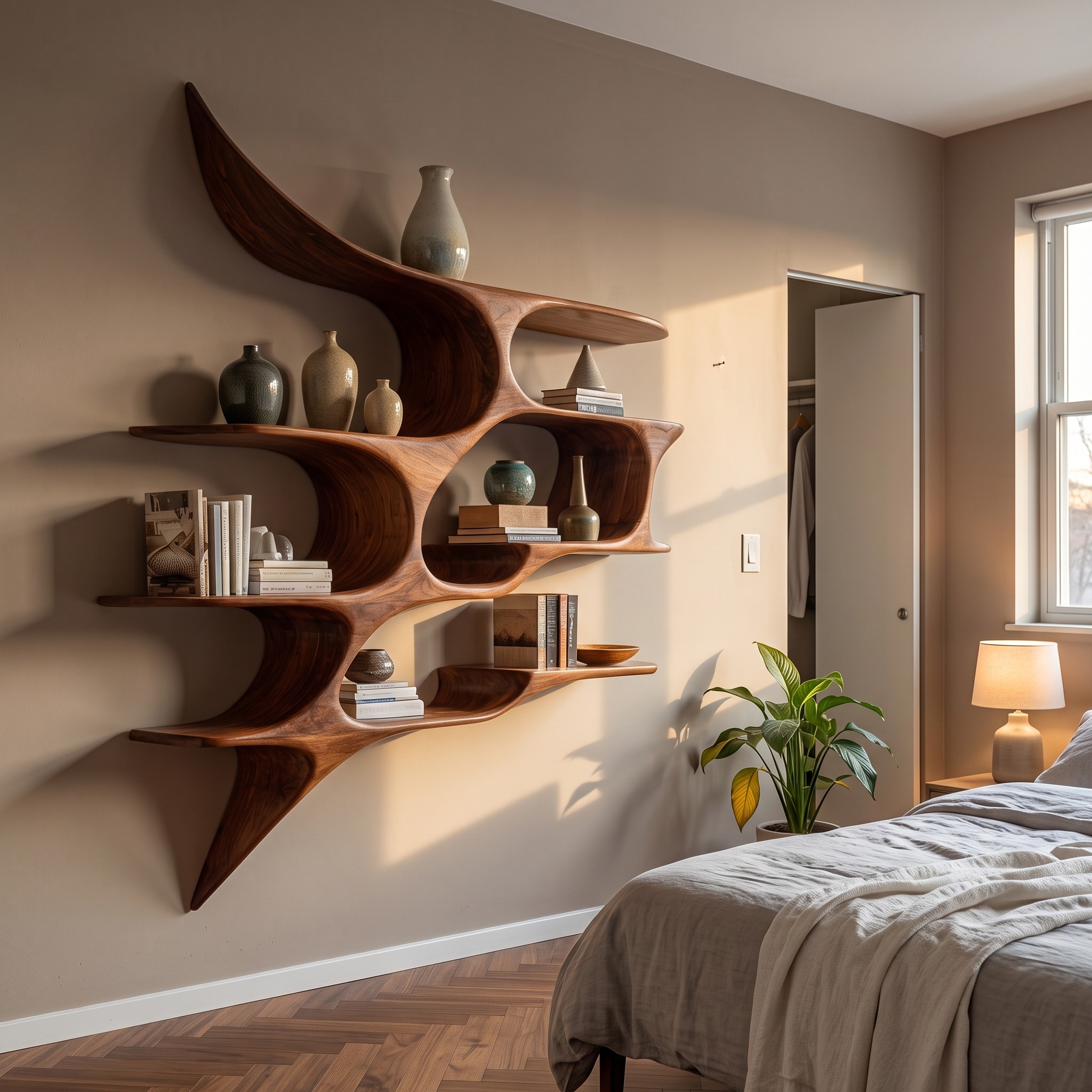 Artistic Wooden Wall Shelf, Handcrafted Modern Floating Display Ledge Rack for Living Room & Entryway Decor