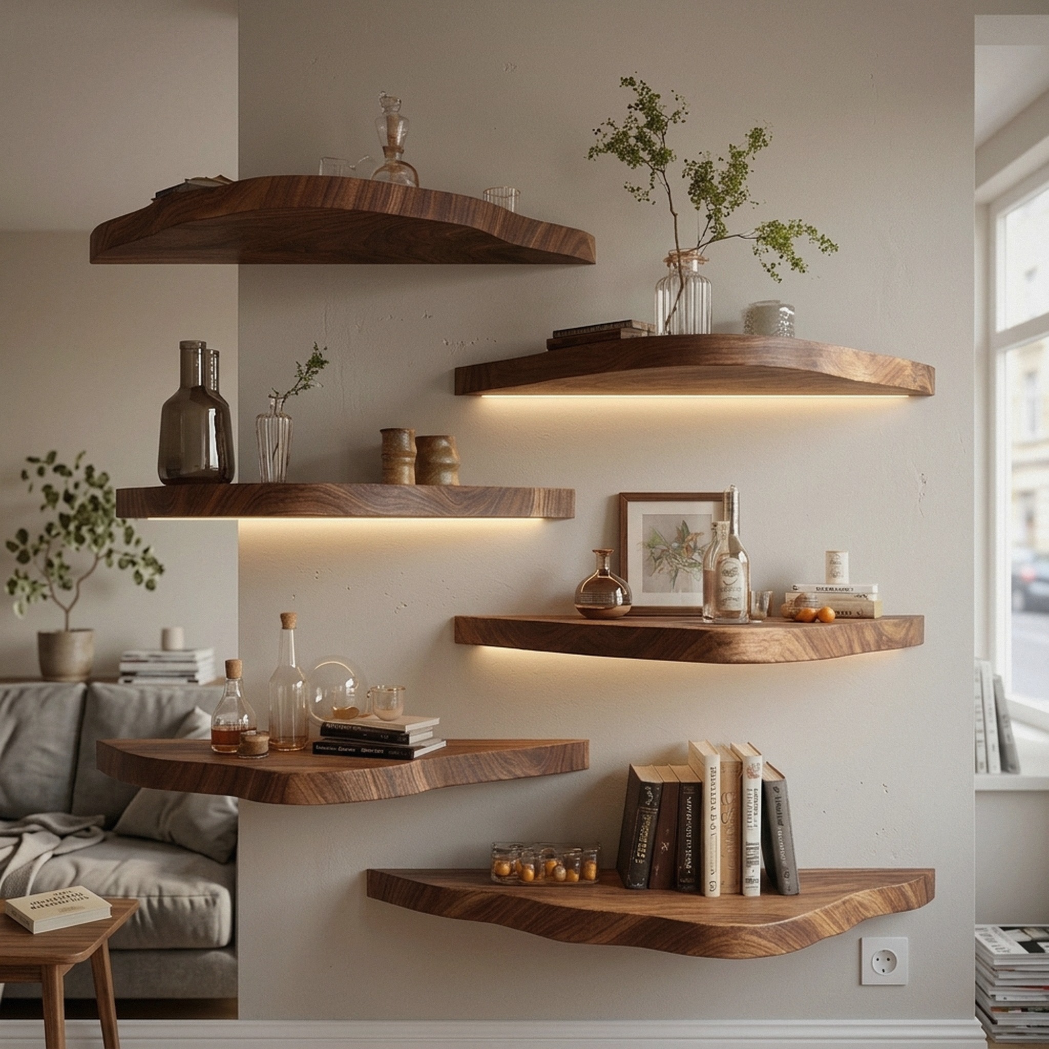 Asymmetrical Solid Wood Floating Shelves Organic Wall Display Interior Decor