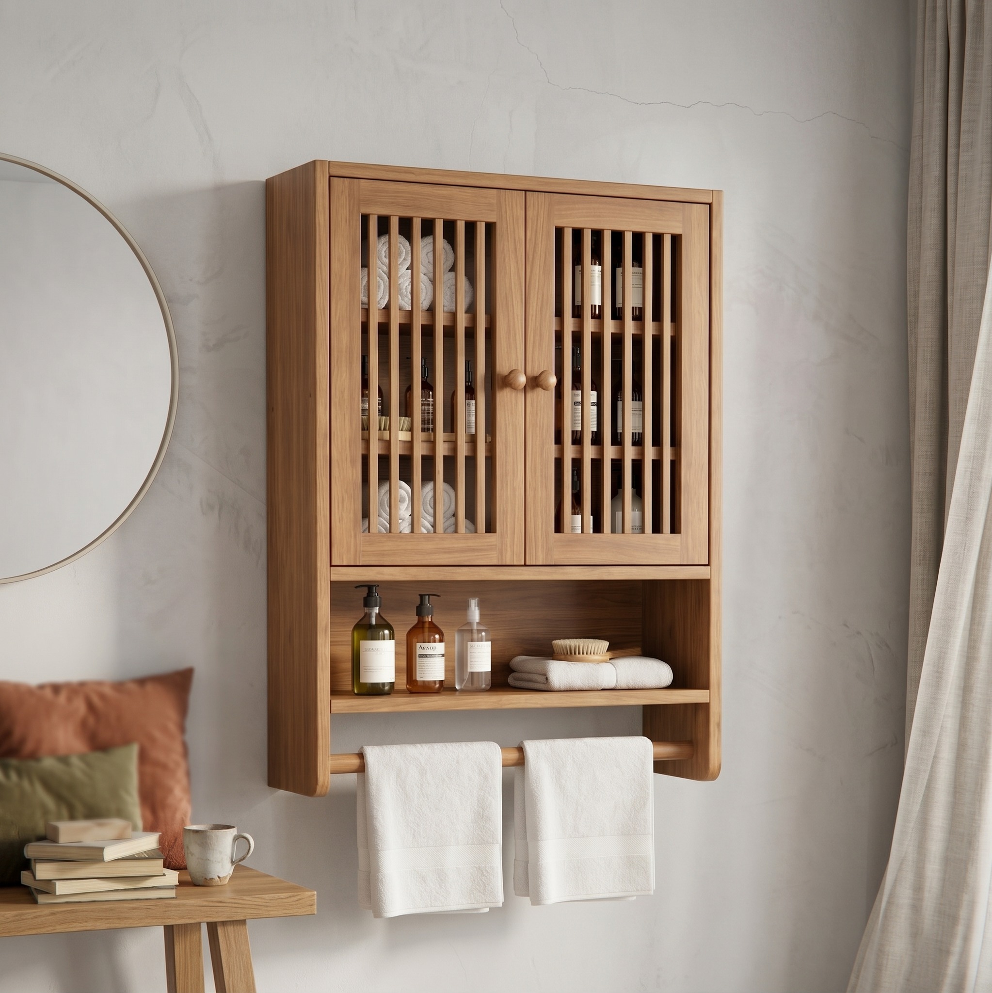 Bathroom Cabinet with Shelves, Solid Wood Wall Storage Organizer Cupboard for Bathroom Space