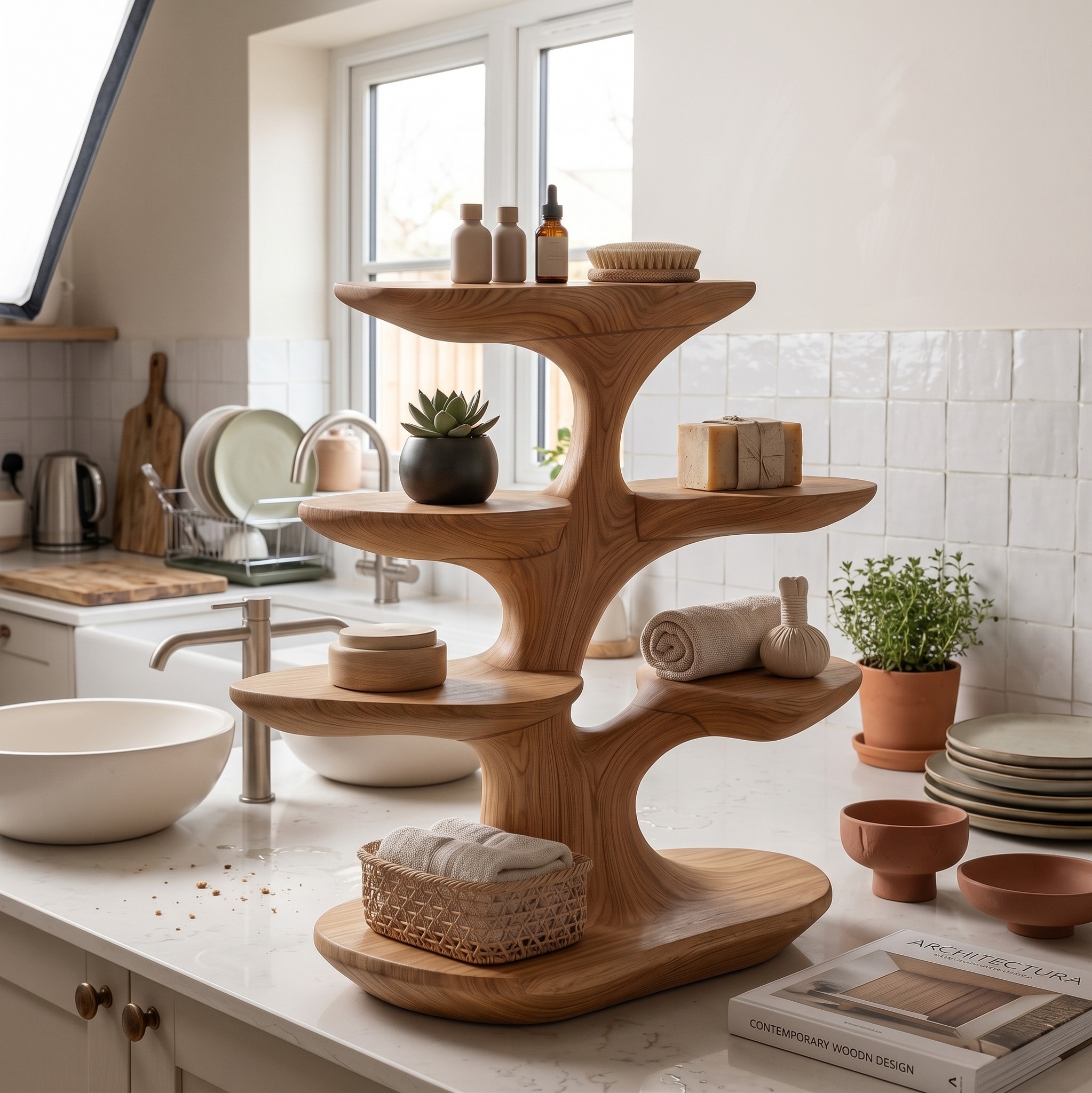 Bathroom Vanity Shelf Multi-Level Organizer, Rustic Wood Counter Storage Rack for Toiletries