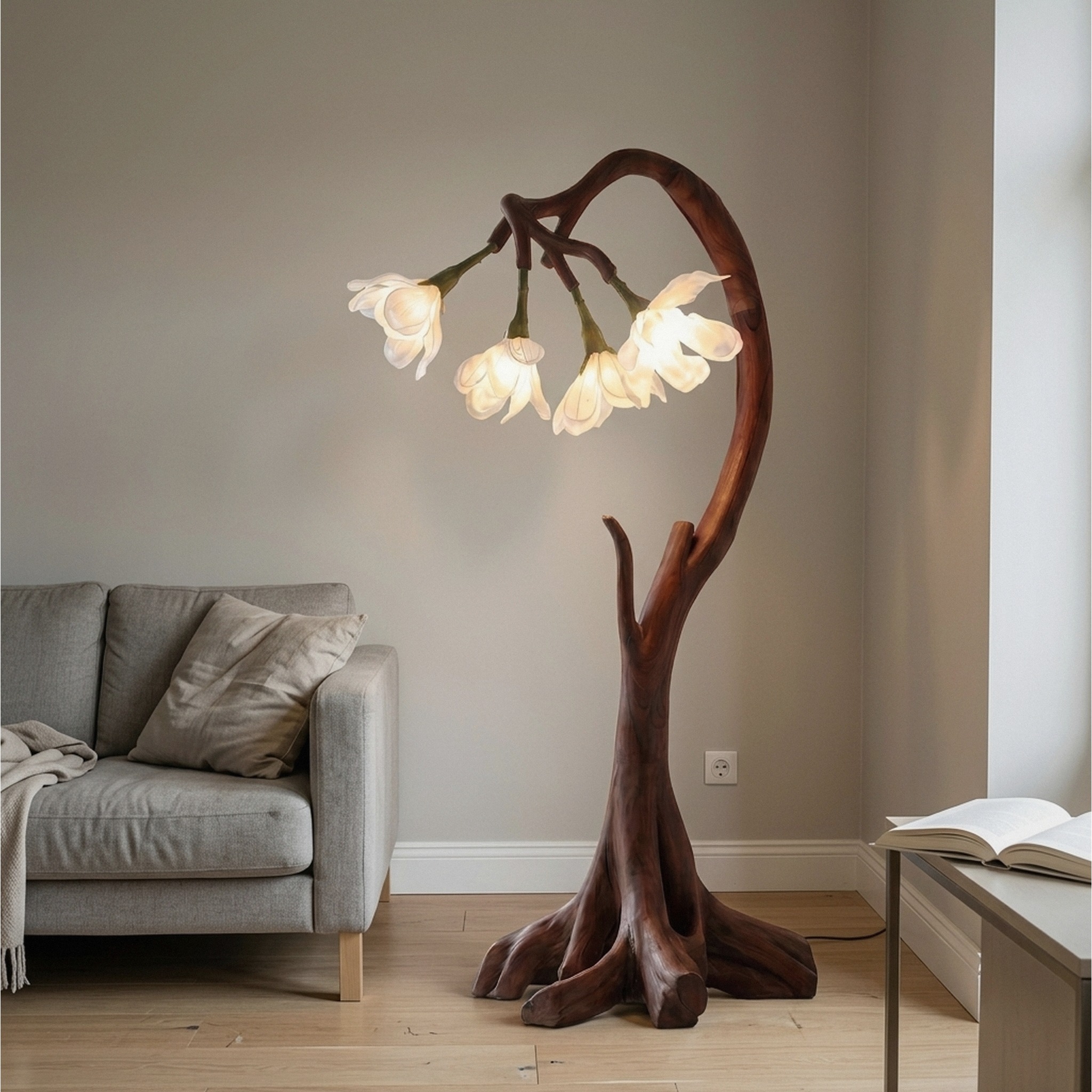 Bloom Floor Lamp with Sculptural Wooden Stand for Living Room and Bedroom