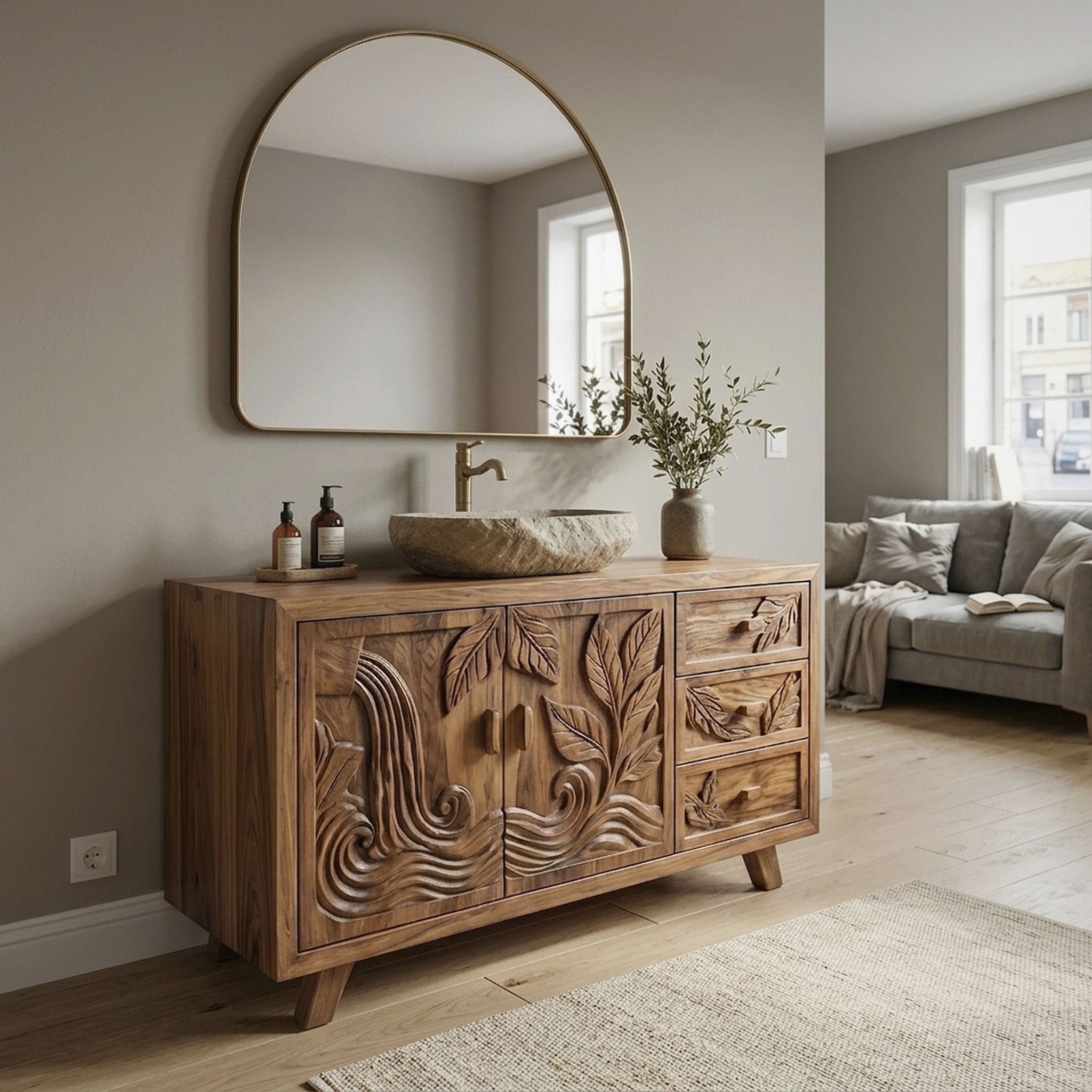 Bohemian Solid Wood Bathroom Vanity Leaf Carved Storage Cabinet