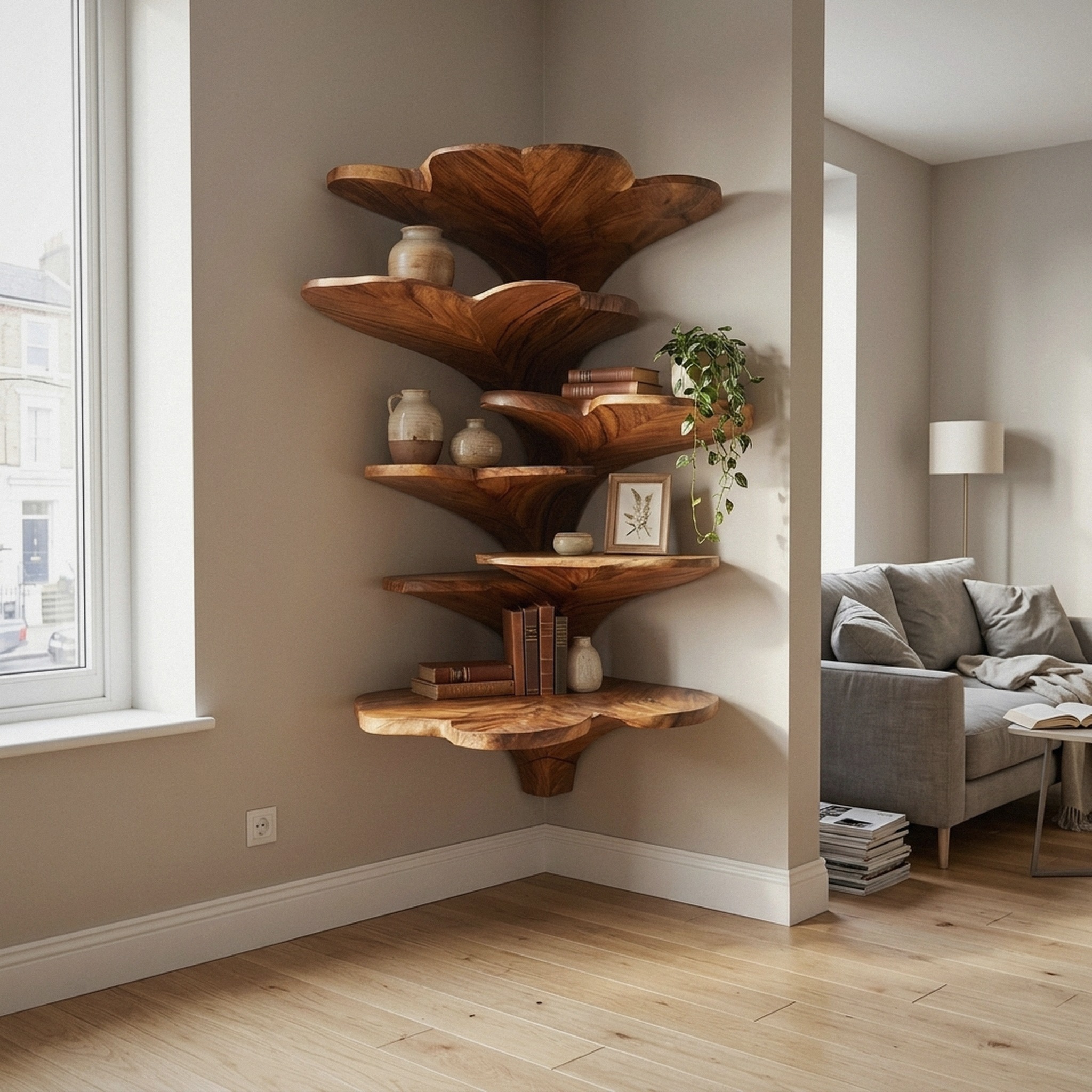 Boho Leaf Shaped Wooden Corner Shelf, Handcrafted Floating Tiered Wall Mounted Display Rack for Kids Nursery & Bedroom Decor