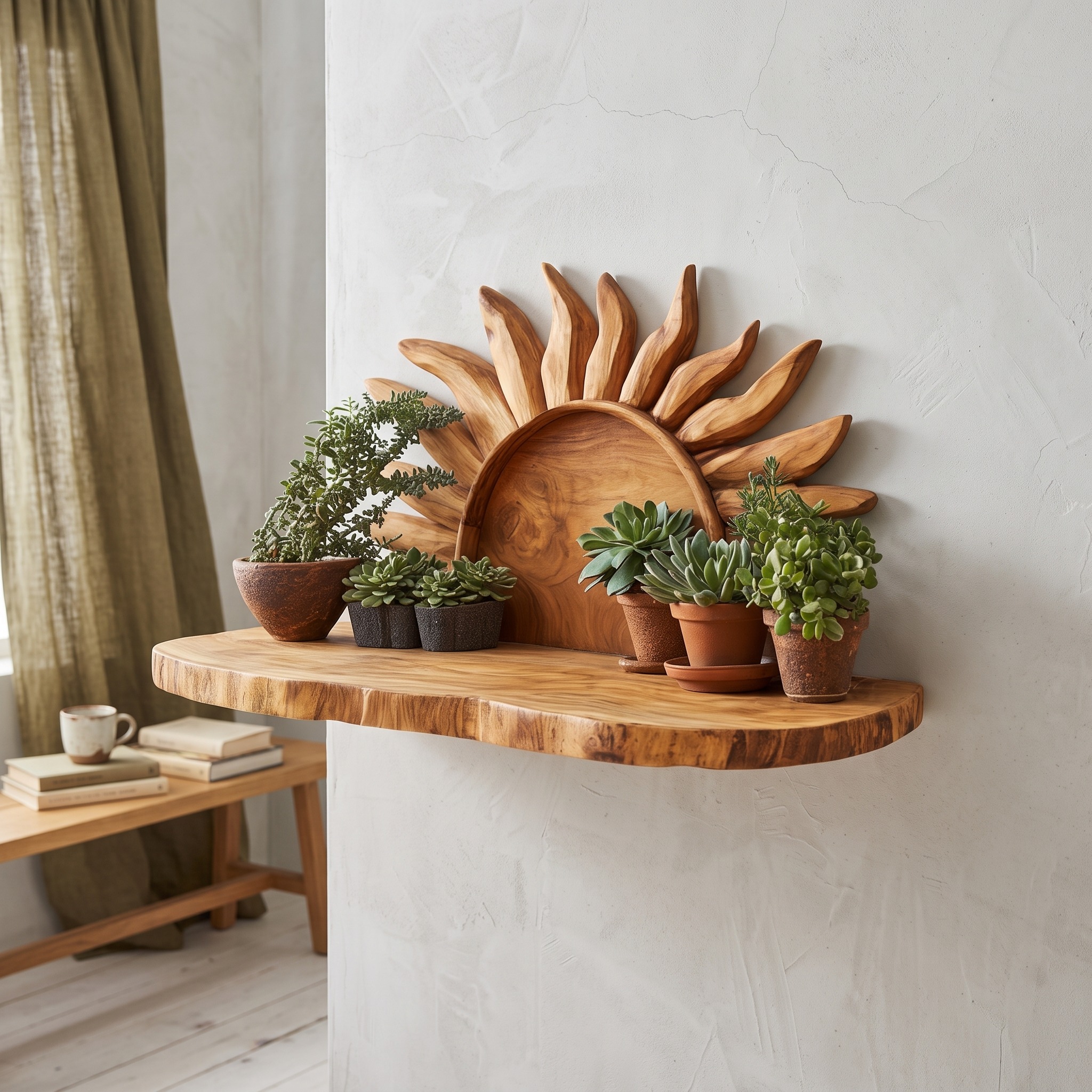 Boho Sunburst Wall Shelf, Handcrafted Wood Sun Floating Shelf for Bedroom, Living Room & Bohemian Wall Art Decor