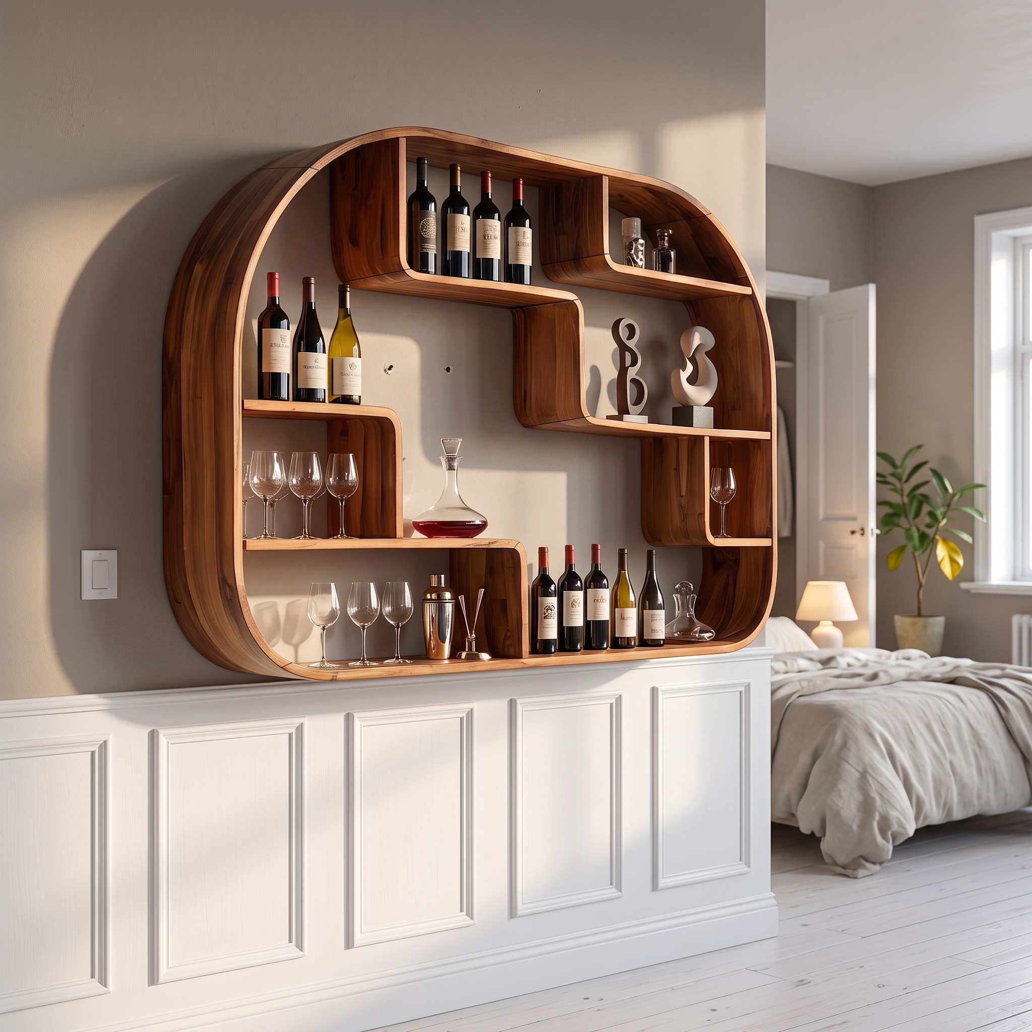 Boho Wall Mounted Wine Holder, Handcrafted Floating Wood Bottle Rack & Accent Storage Feature for Dining Space