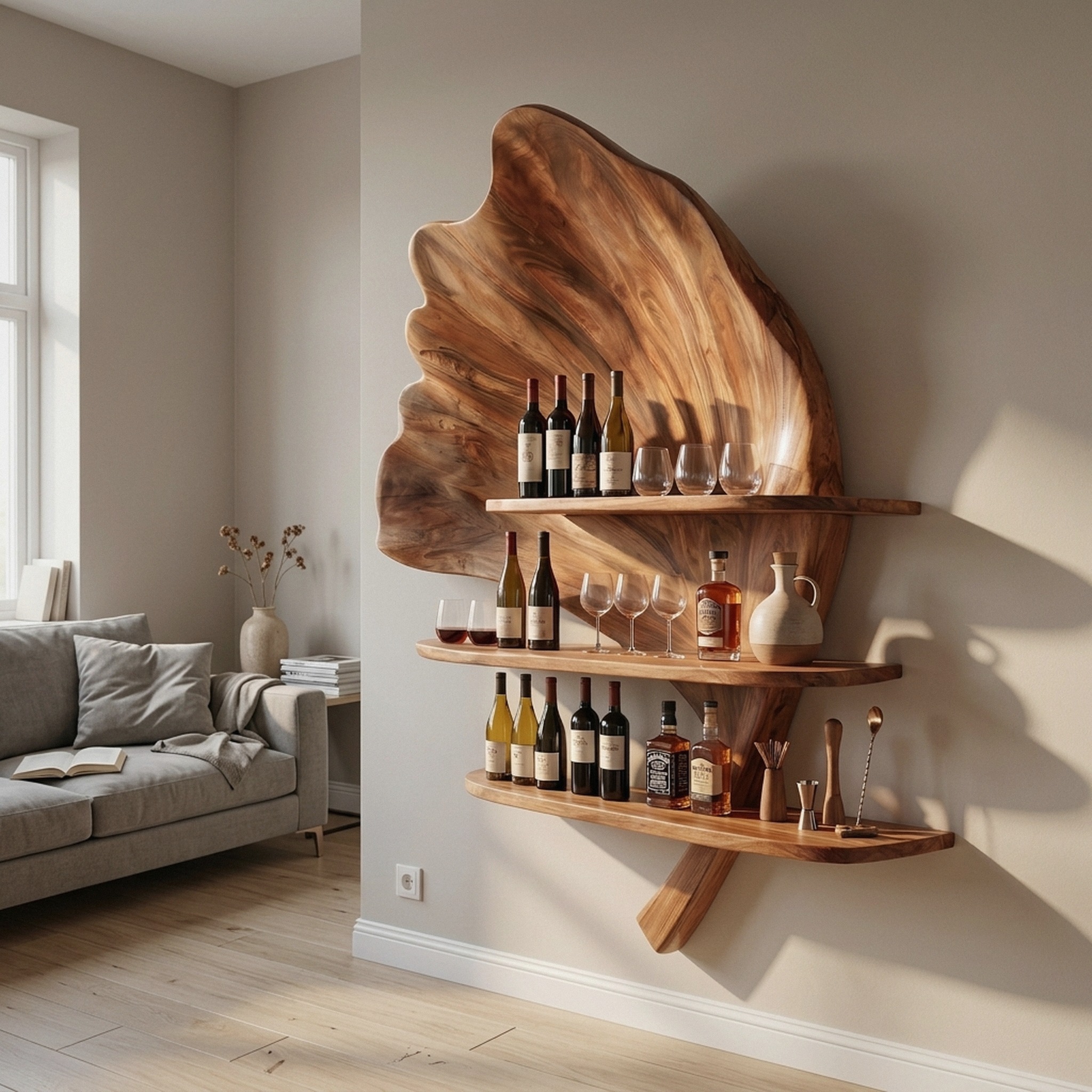 Boho Wall Mounted Wine Rack, Rustic Solid Wooden Wine Bottle and Glass Stemware Holder Display Stand for Kitchen & Apartment Bar