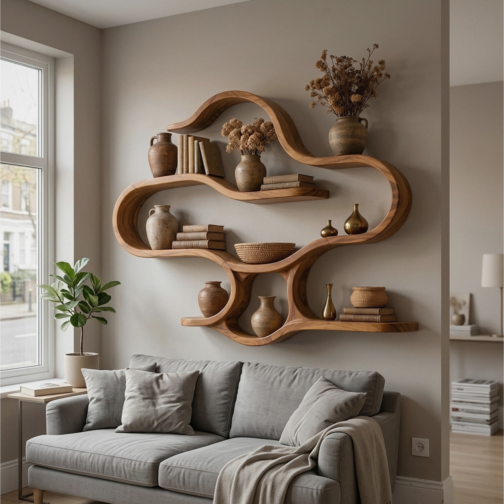 Boho Wooden Wall Mounted Display Shelves for Living Room