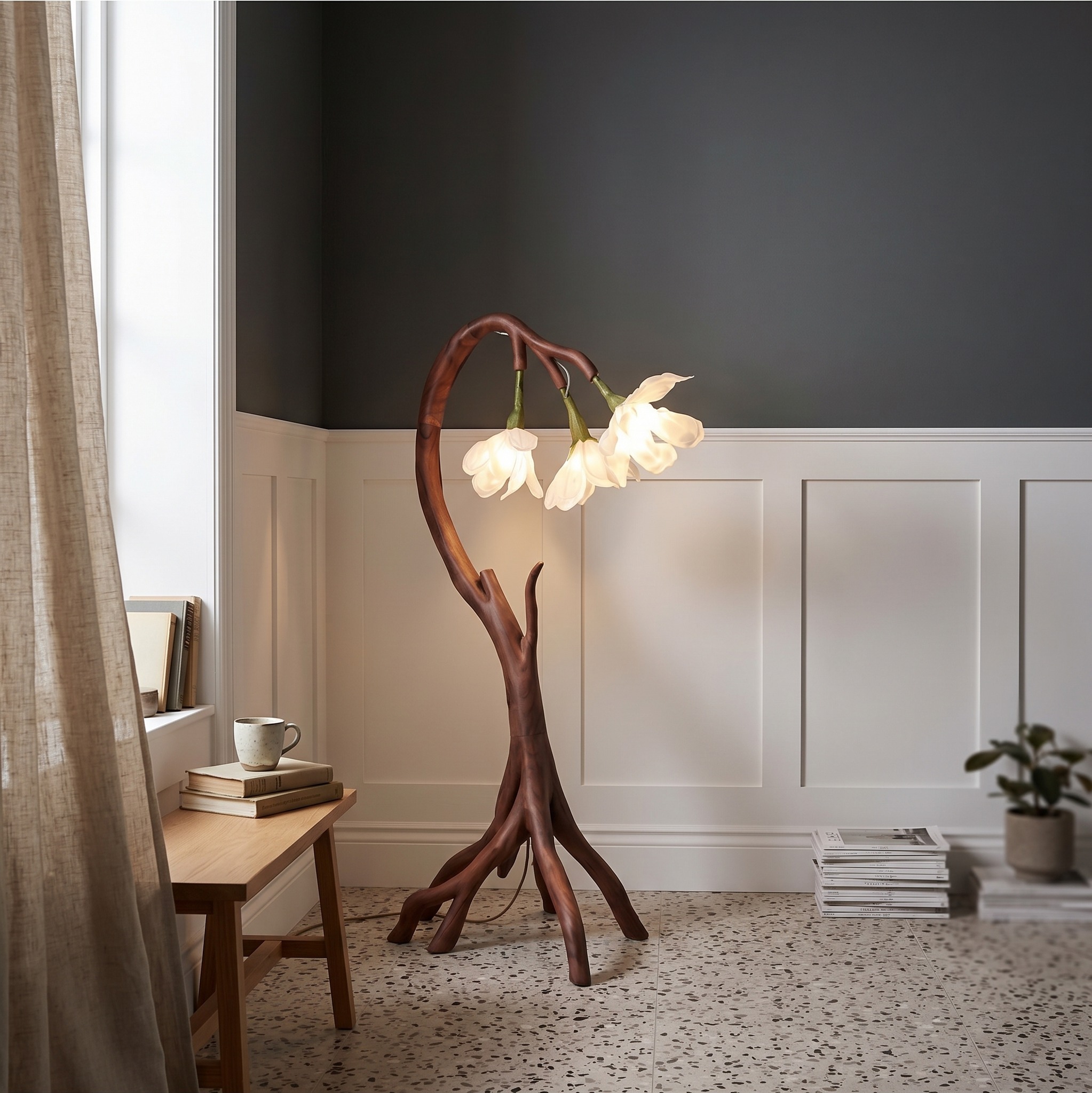 Botanical Flower Floor Lamp, Sculptural Wood Base Tall Standing Accent Lamp, Elegant Leaf Light for Living Room