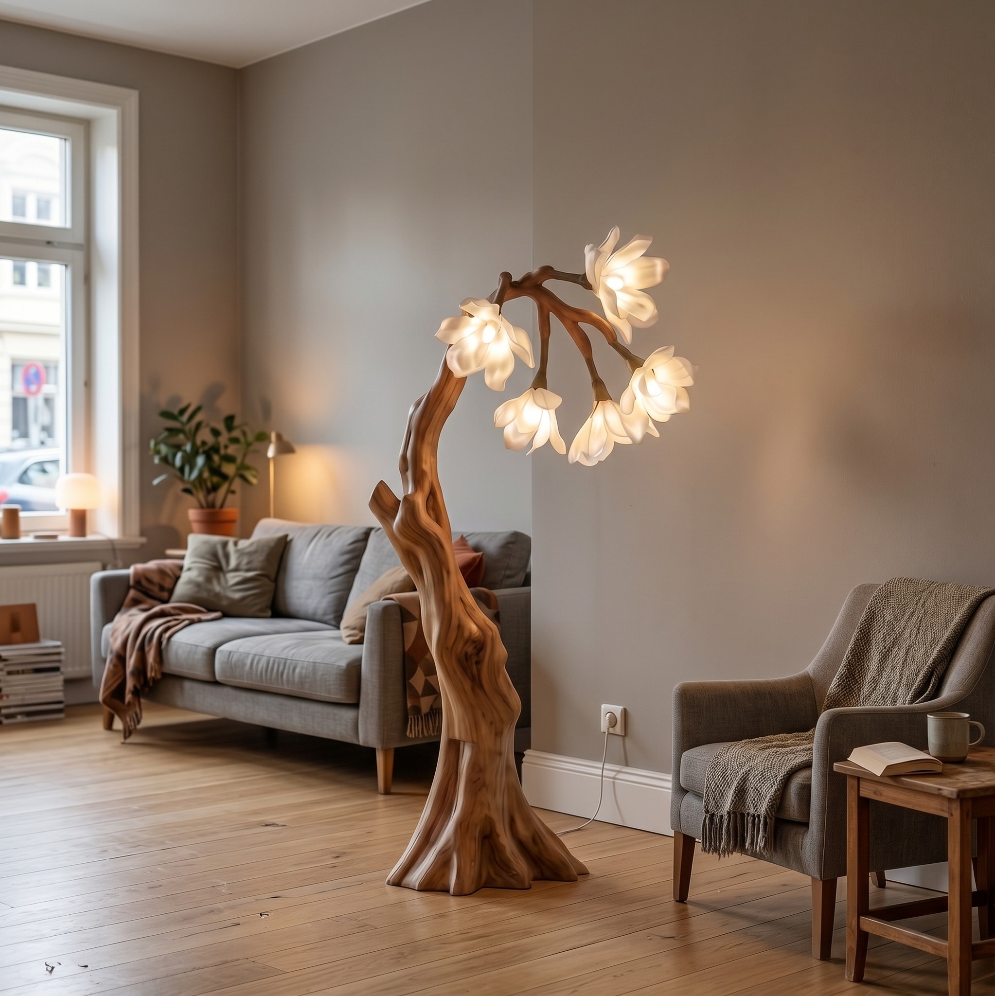 Botanical Standing Floor Lamp with Flower Petal Shade, Handcrafted Wood Base Tall Accent Lamp for Living Room