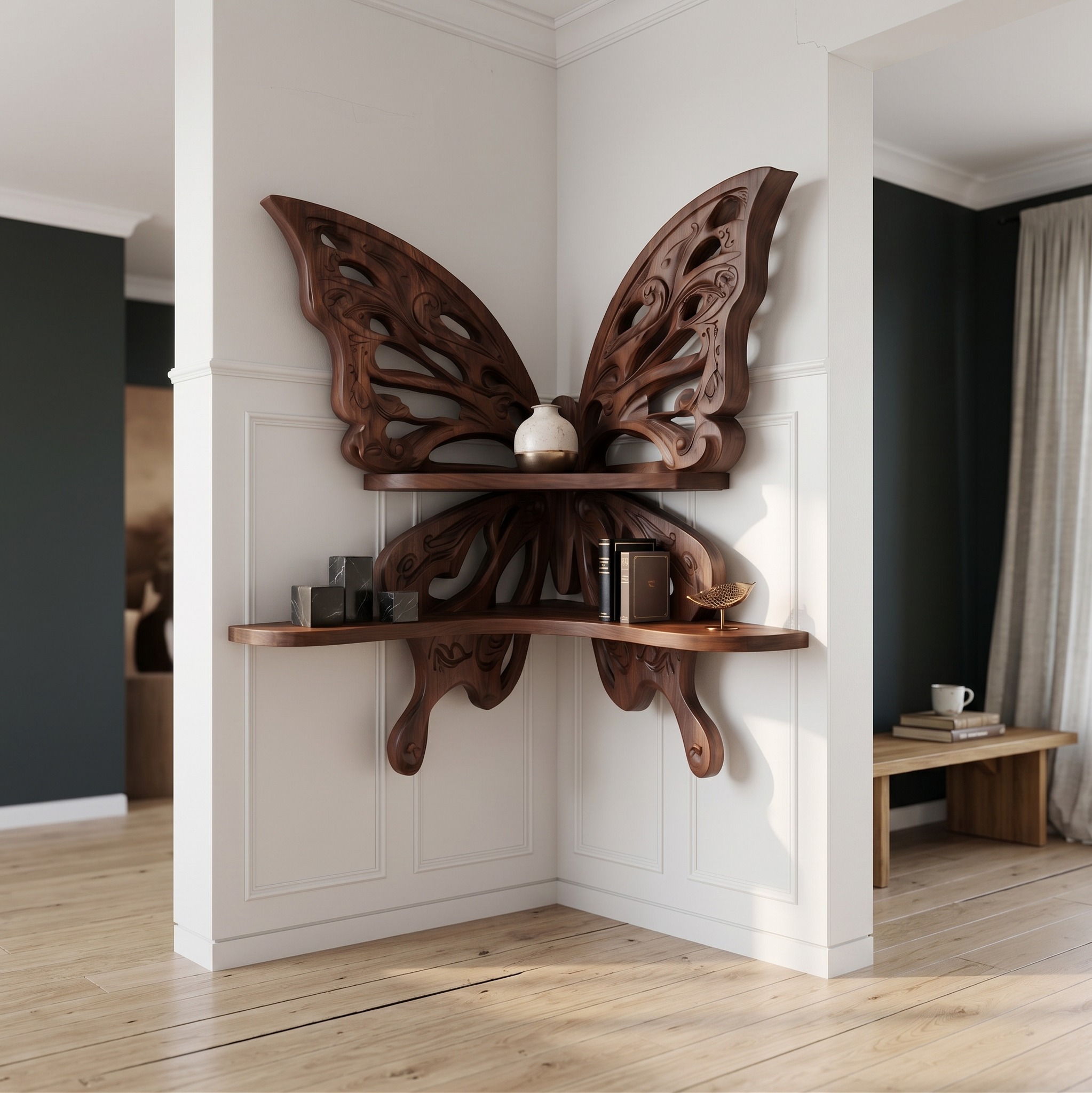 Butterfly-Inspired Floating Shelf, Sculptural Live Edge Wood Wall Shelf for Living Room, Bedroom & Entryway Decor