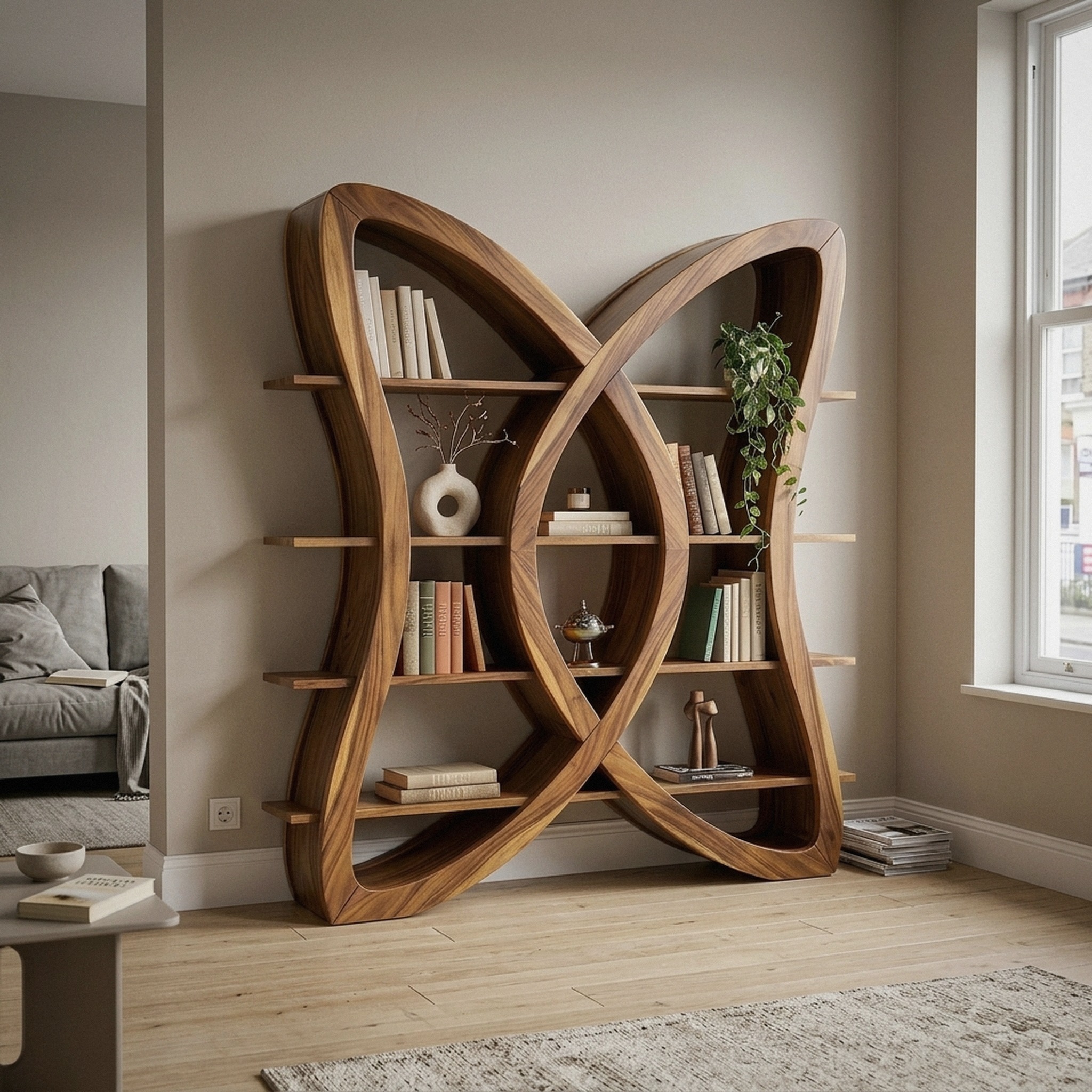 Butterfly Inspired Wooden Bookcase in Organic Style