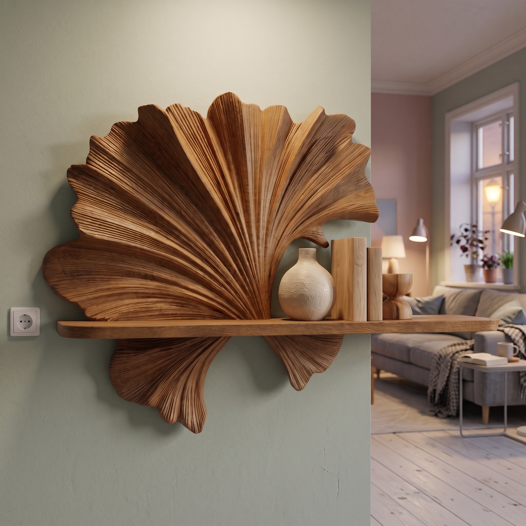 Carved Fan Shape Floating Wall Shelf, Handcrafted Solid Wood Decorative Display Ledge for Living Room
