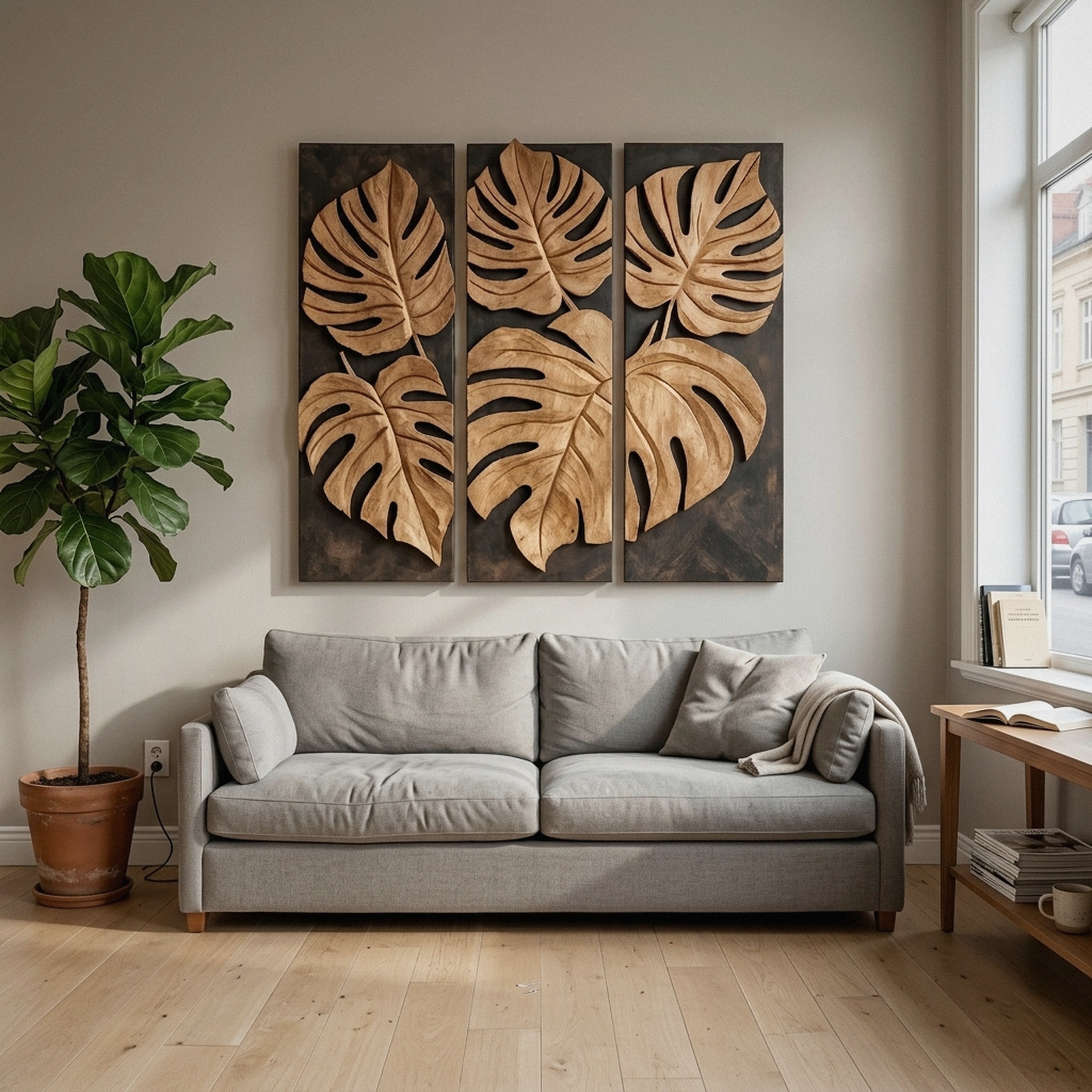 Carved Monstera Leaf Solid Wood Wall Art Triptych Statement Decor