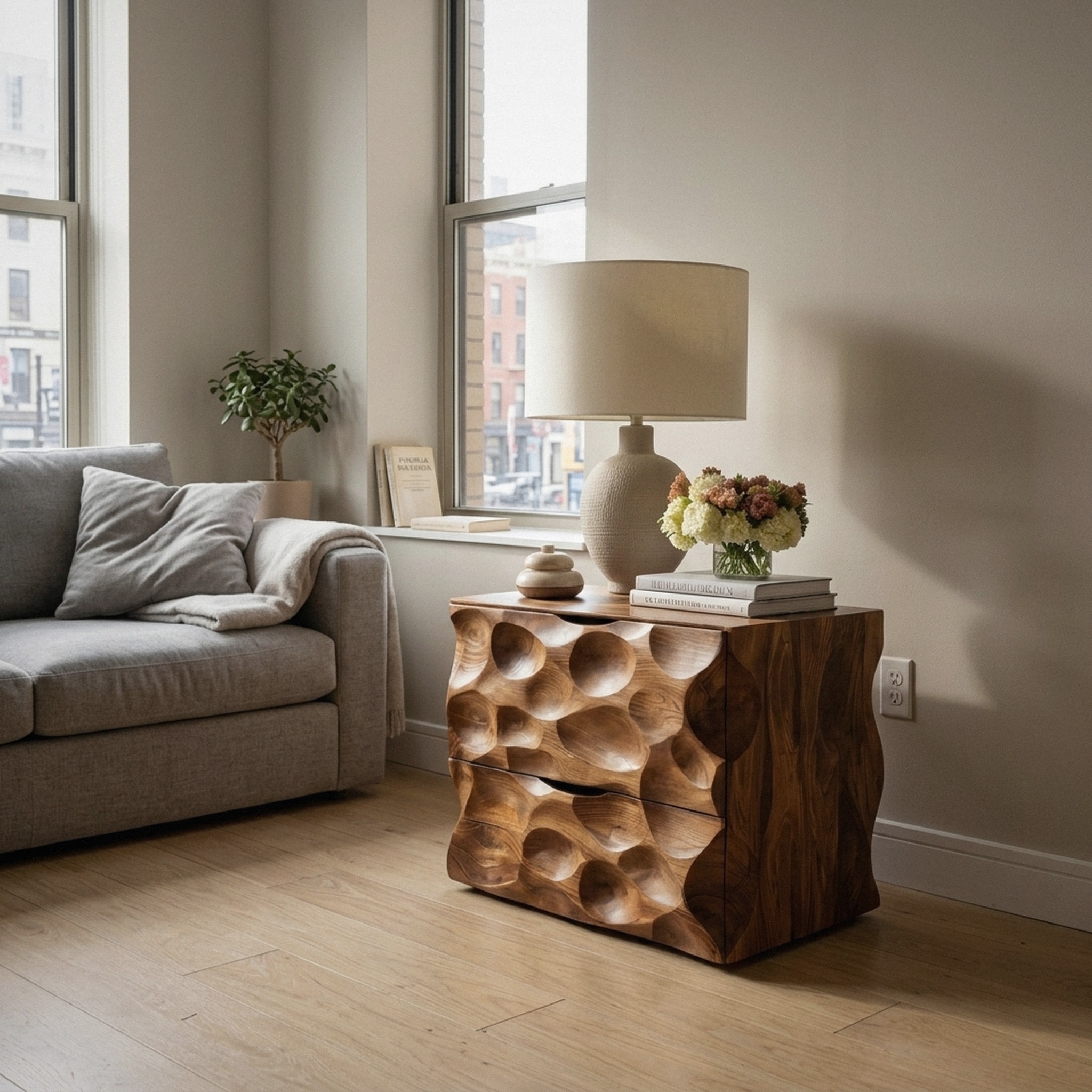 Carved Nightstand with Two Drawers for Bedroom