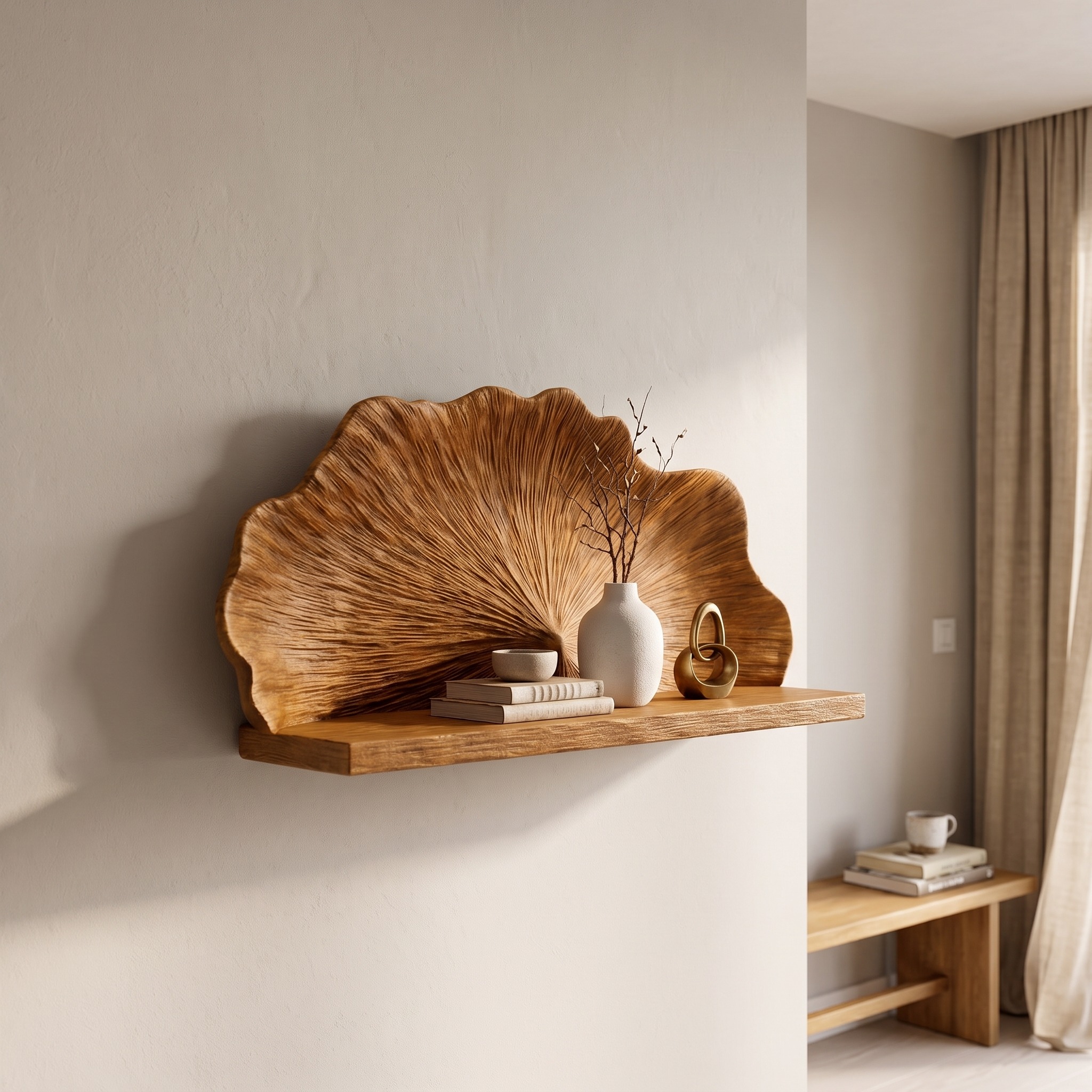 Carved Shell Shape Floating Wall Shelf, Decorative Solid Wood Hanging Ledge for Bedroom Living Room