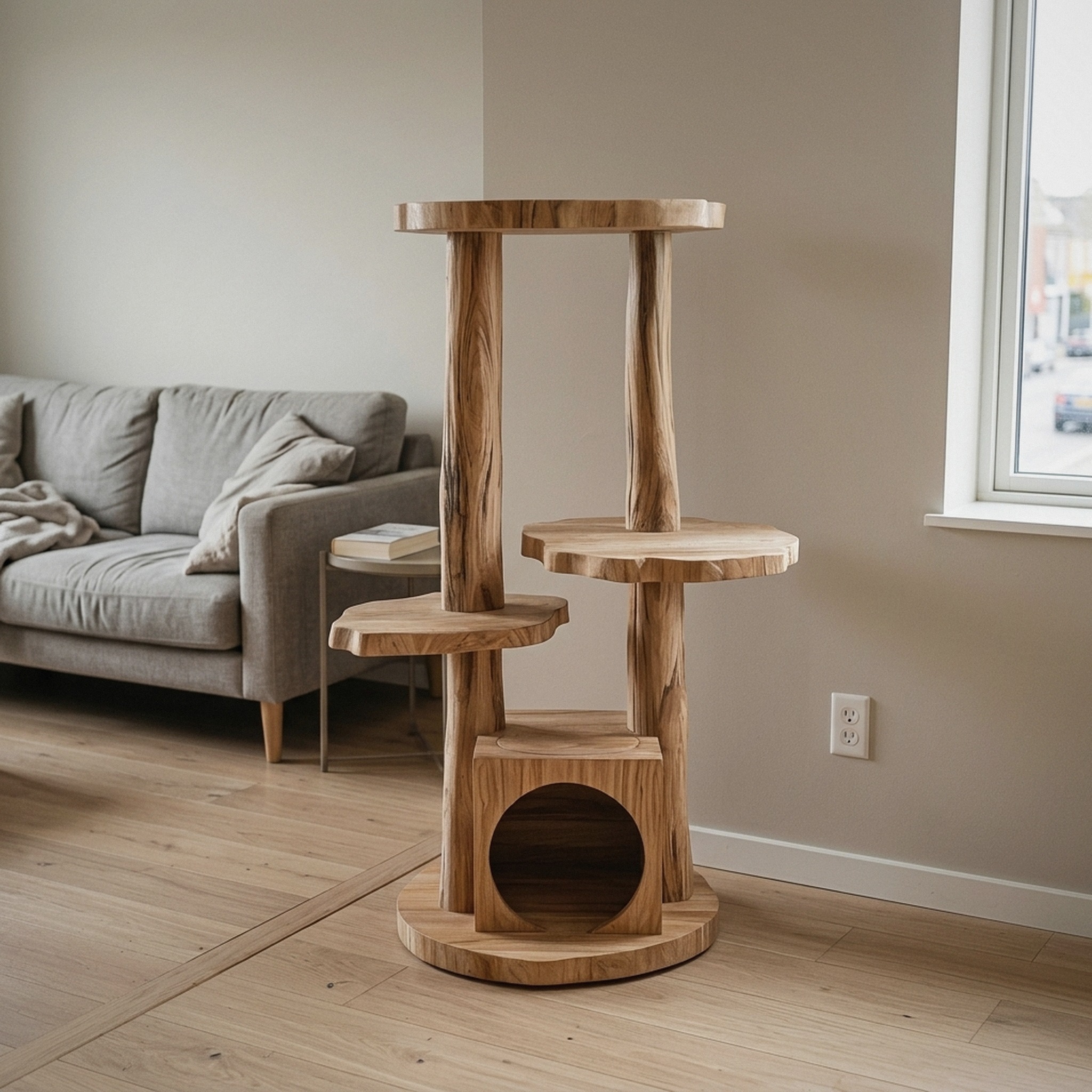 Cat Tree Custom Design Solid Wood Rustic Design Decor Living Room Gift