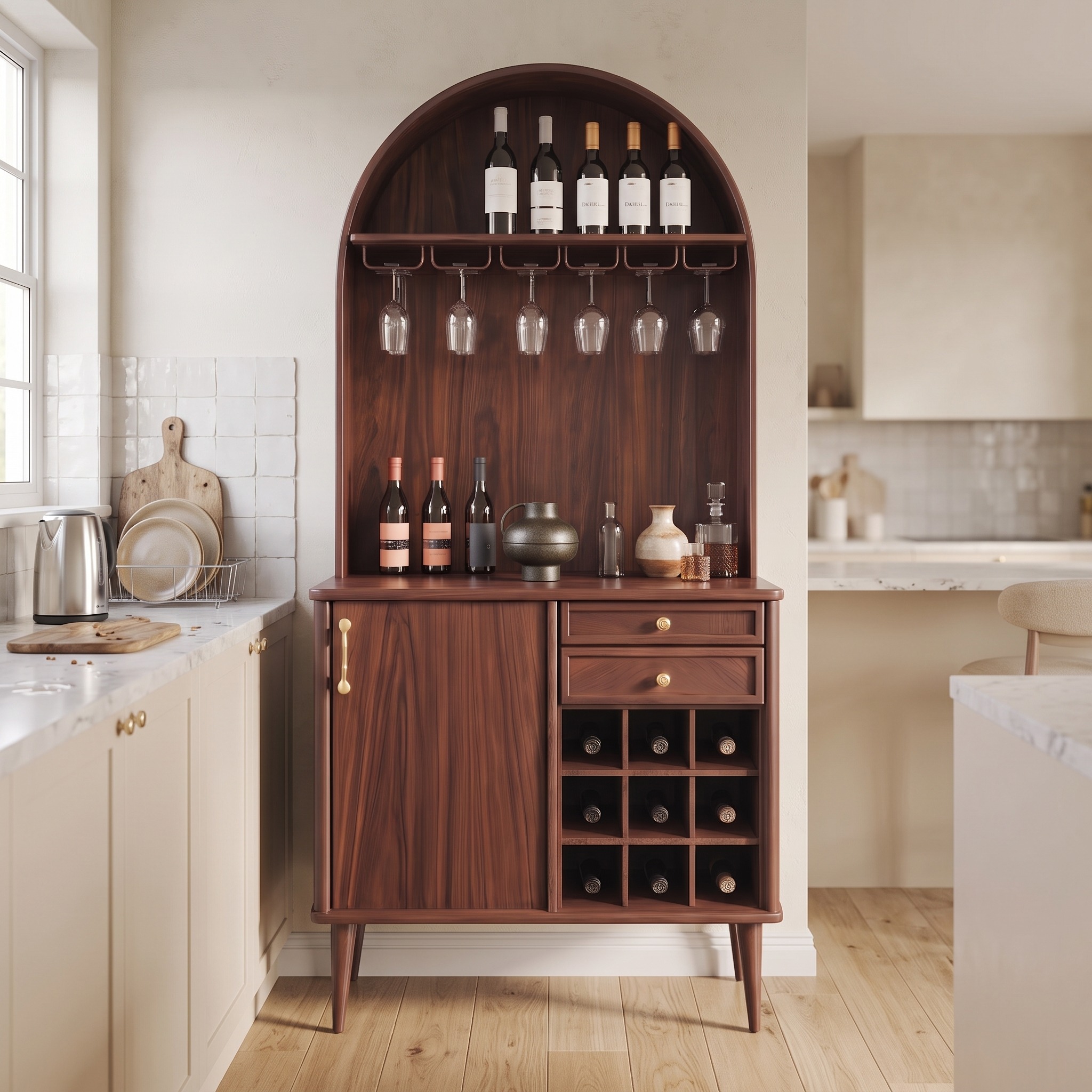 Classic Wood Wine Cabinet with Storage, Handcrafted Solid Wood Bar Cabinet with Glass Holders for Dining Room