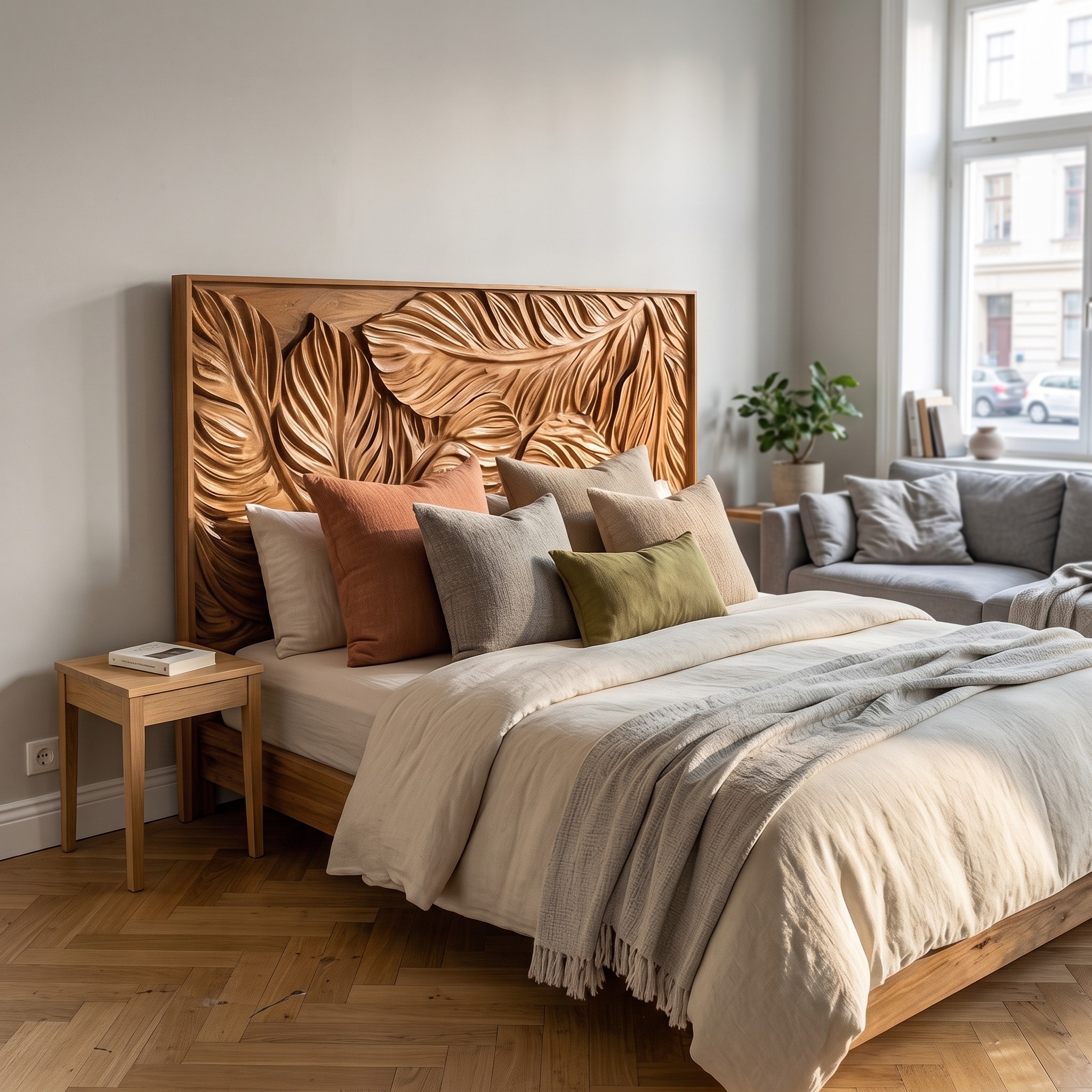 Coastal Botanical Handcarved Wood Headboard, Tropical Palm Leaf Bed Headboard Panel for King & Queen Bed, Handcrafted