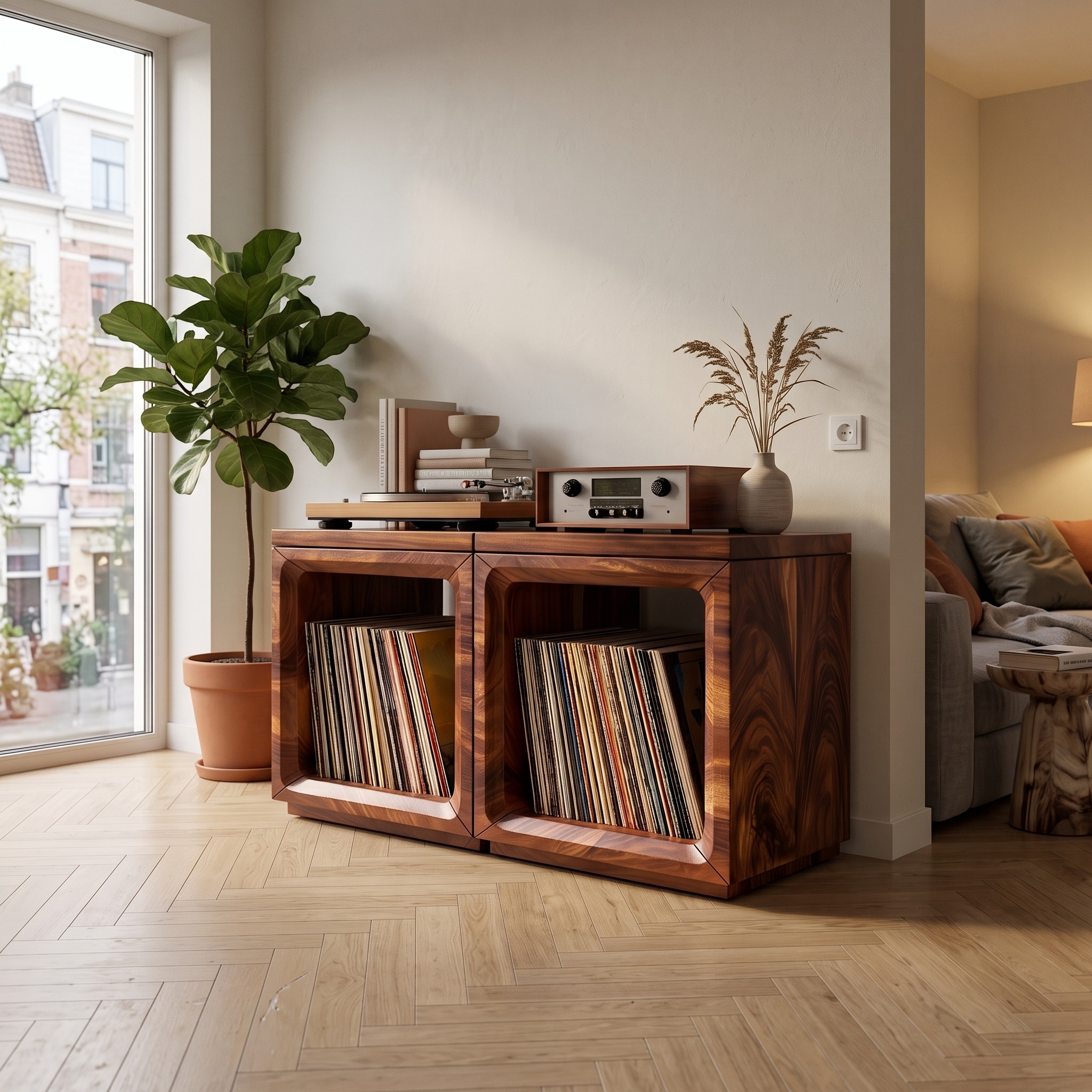 Coastal Minimalist Wood Record Storage Cabinet, Handcrafted Beach House Style Turntable Stand & LP Shelf, Model